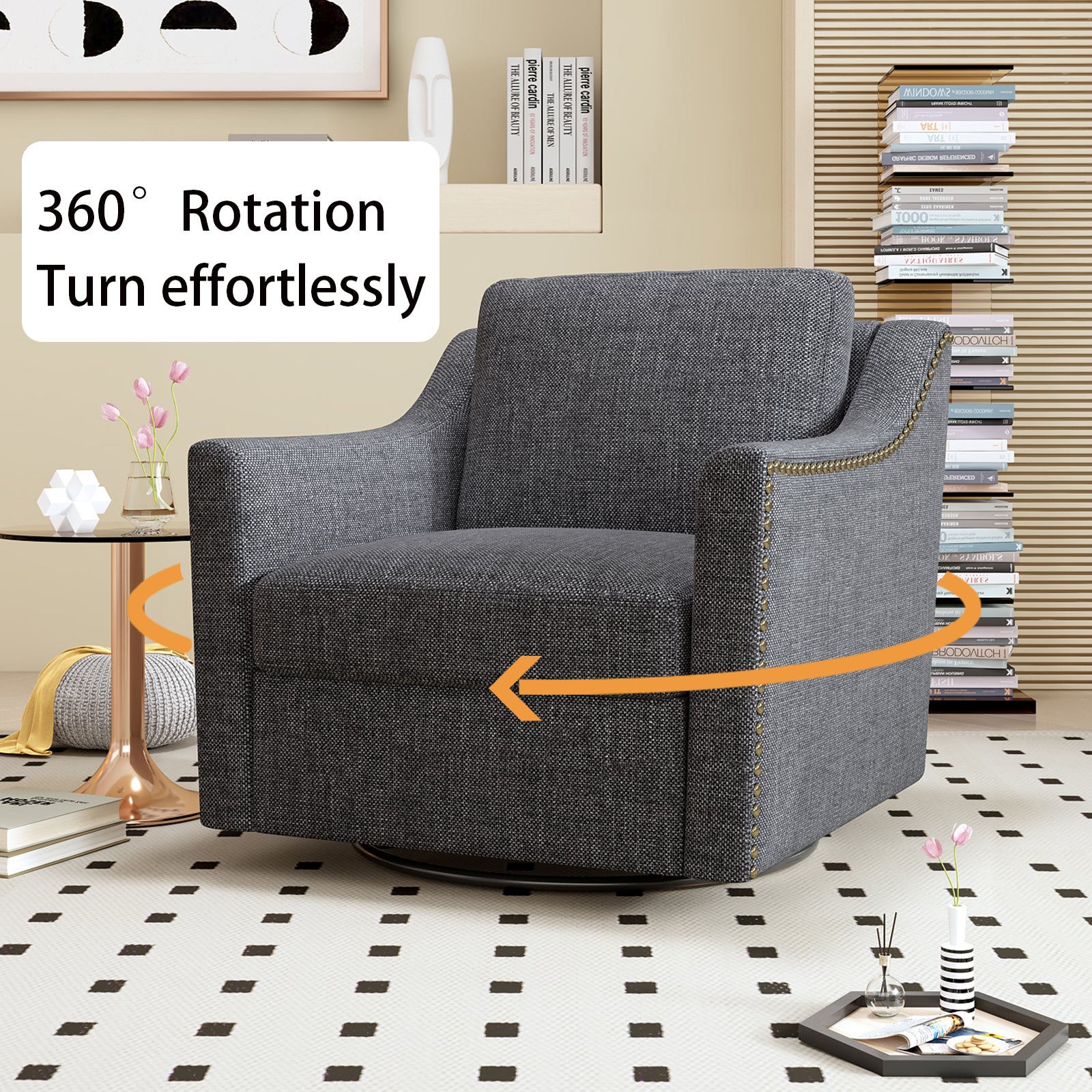 360 Degree Swivel Armchair Cotton Linen Skin Friendly Fabric Ergonomic Design Brass Nail Decorative Armchair Living Room Chairs Bedroom Chairs Living Room Chairs Black Legs Suitable For Indoor Homes Black Gray Modern Foam Cotton Linen