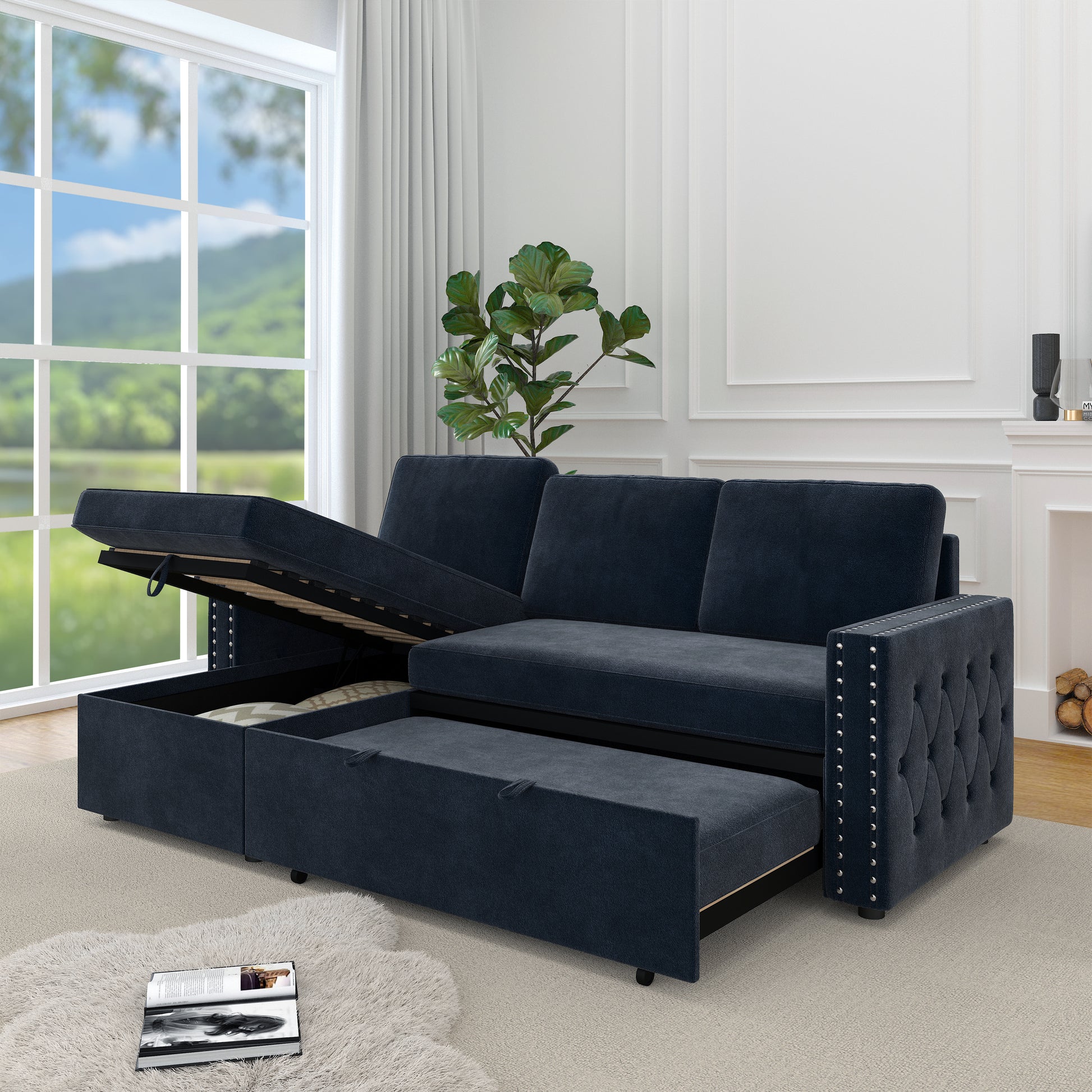 85 Inches Sofa Bed, 3 Seater Sleeper Sofa With Storage Chaise, Square Handrail With Pull And Copper Nail,Chenille, Pull Out Couch For Living Room Blue Chenille 3 Seat