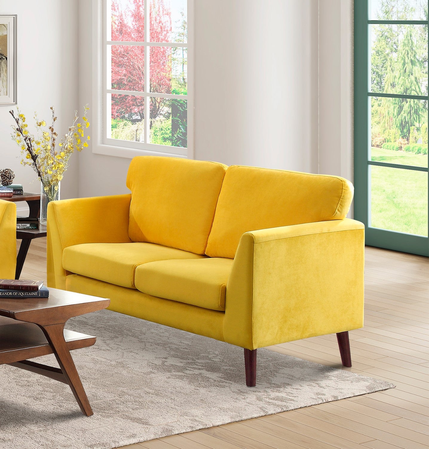 Modern Contemporary 2Pc Sofa Set Yellow Sofa Loveseat Velvet Upholstery Dark Brown Legs Solid Wood Living Room Furniture Yellow Velvet Wood Primary Living Space Modern Solid Wood 5 Seat