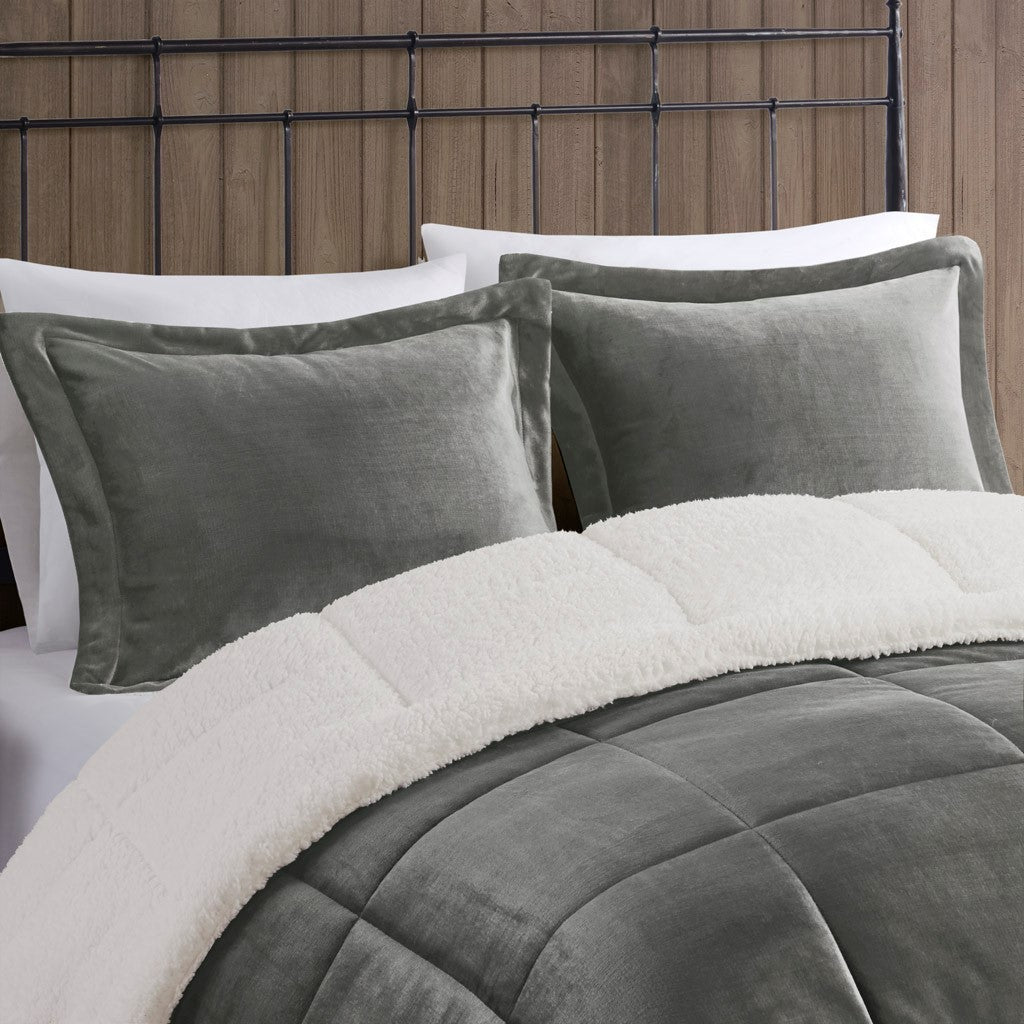 Plush To Sherpa Down Alternative Comforter Set Queen Charcoal Ivory Polyester