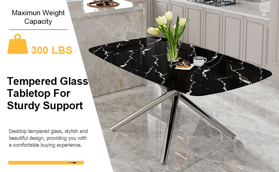 Table And Chair Set.Table And Chair Set.Modern Luxurious Black Marble Patterned Tempered Glass Dining Table With 6 White Pu Chairs.Multiple White High Quality Pu Dining Chairs With Silver Legs.