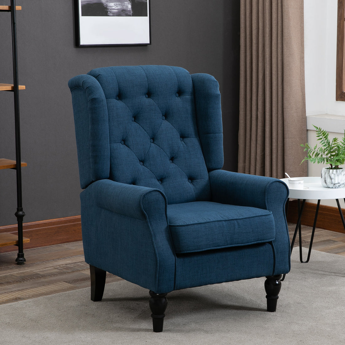 Homcom Button Tufted Accent Chair With High Wingback, Rounded Cushioned Armrests And Thick Padded Seat, Blue Blue Fabric