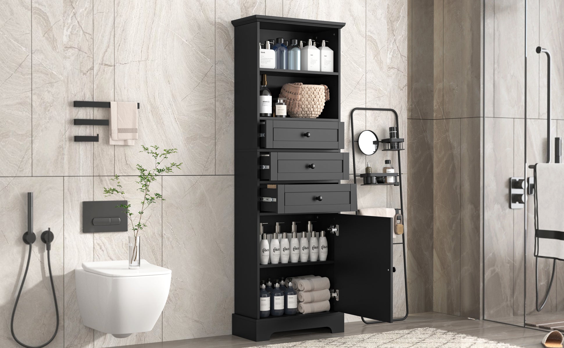 Black Tall Storage Cabinet With 3 Drawers And Adjustable Shelves For Bathroom, Study, Office And Interior, Mdf Board With Painted Finish Black Mdf