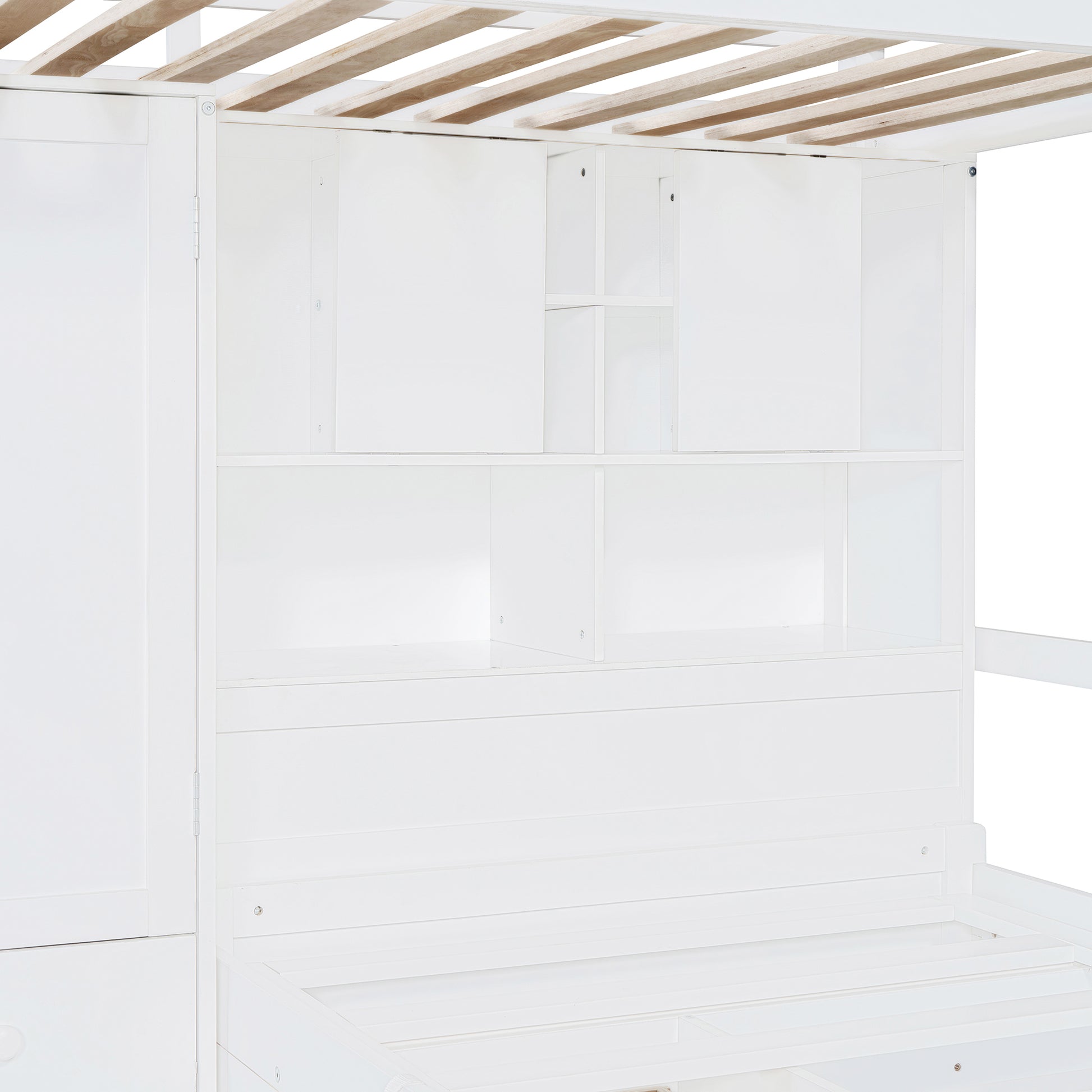 Twin Bunk Bed With Drawers, Wardrobe, Storage Shelves And Hydraulic Bed,White White Mdf Lvl