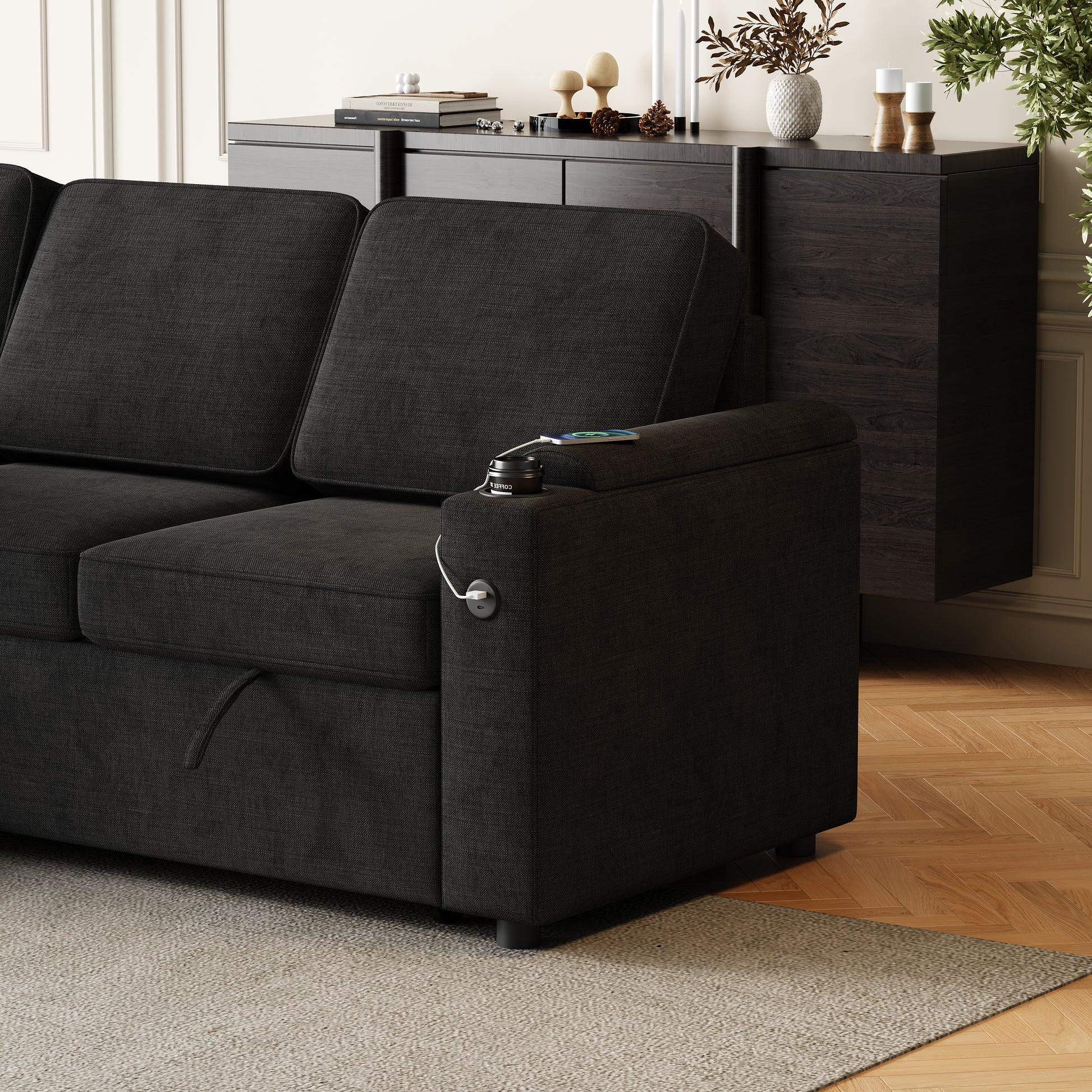 Mh85.8" Sleeper Sofa, Sofa Bed 2 In 1 Pull Out Sofa Bed With Storage Sofa, Sofa Sleeper With Pull Out Bed With Charging Port Black Polyester Primary Living Space Eucalyptus Polyester Fabric 3 Seat