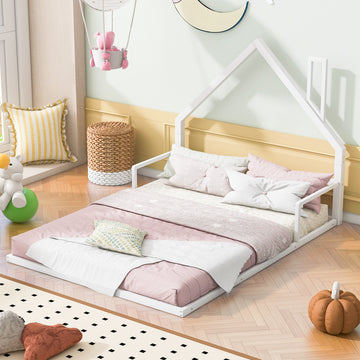 Full Size Metal Floor Bed With House Shaped Headboard, White Box Spring Not Required Full White Metal Bedroom Bed Frame Metal