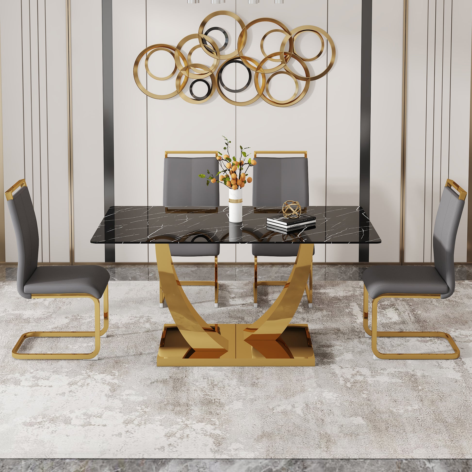 Table And Chair Set.Modern Rectangular Dining Table With Black Textured Stickers Glass Tabletop And Gold Plated Metal Legs.Paried With 4 Comfortable Chairs With Pu Seats And Golden Metal Legs. Dark