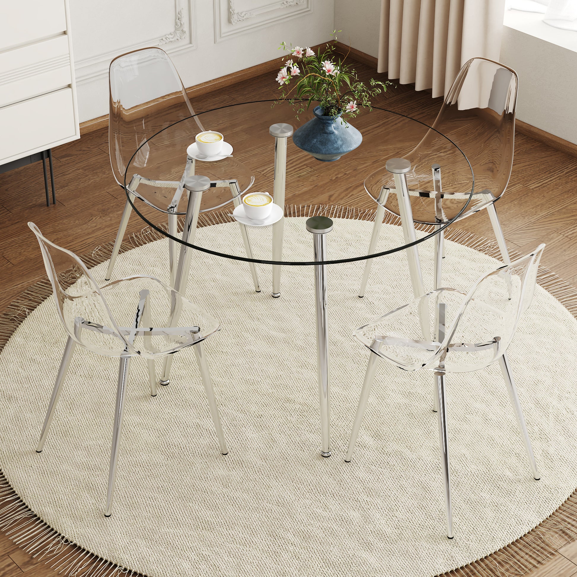 Table And Chair Set.A Modern Minimalist Round Dining Table With Transparent Tempered Glass Top And Silver Metal Legs,Paired With 4 Multiple Transparent High Quality Pet Dining Chairs With Silver Legs. Silver,Transparent Seats 4 Glass Metal