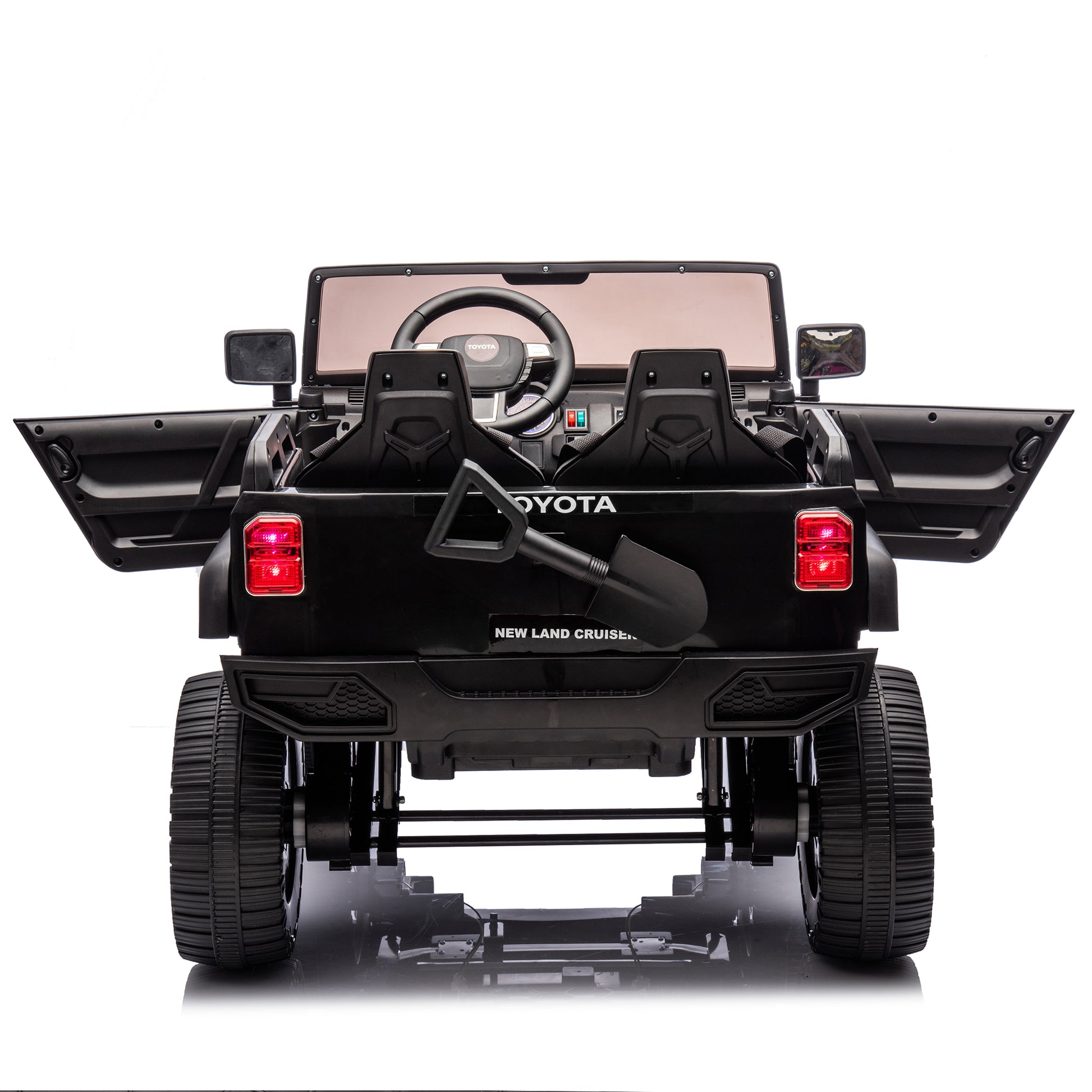 24V Two Seater Kids Ride On Car W Parents Remote Control, Licensed Toyota Lc250,2Wd,110W Motors,With Shovel,Three Point Seat Belt,Slow Start,Speed Adjustment,Bluetooth,Music For Kids Aged 3 . Black 100 149 Lbs Polypropylene