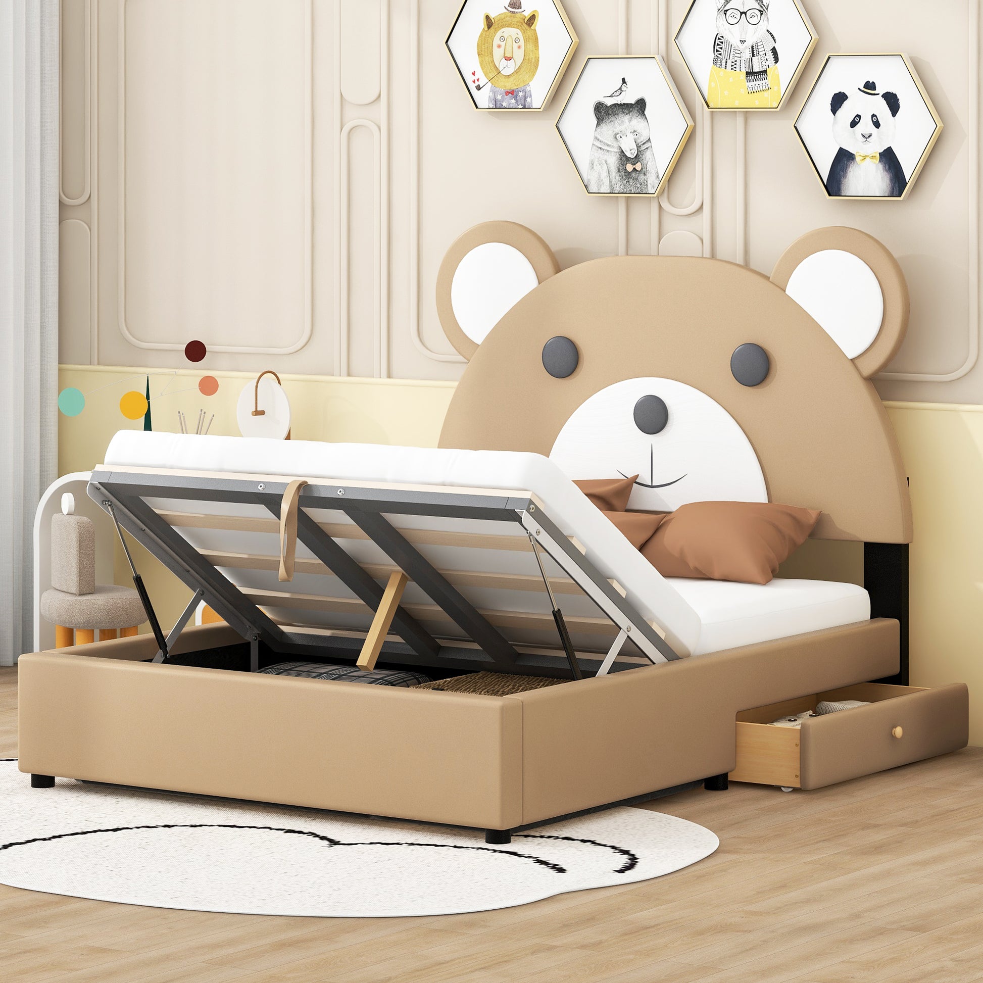 Full Size Upholstery Platform Bed Frame With Cute Bear Shaped Headboard And Two Storage Drawers,Brown Full Brown Solid Wood Mdf