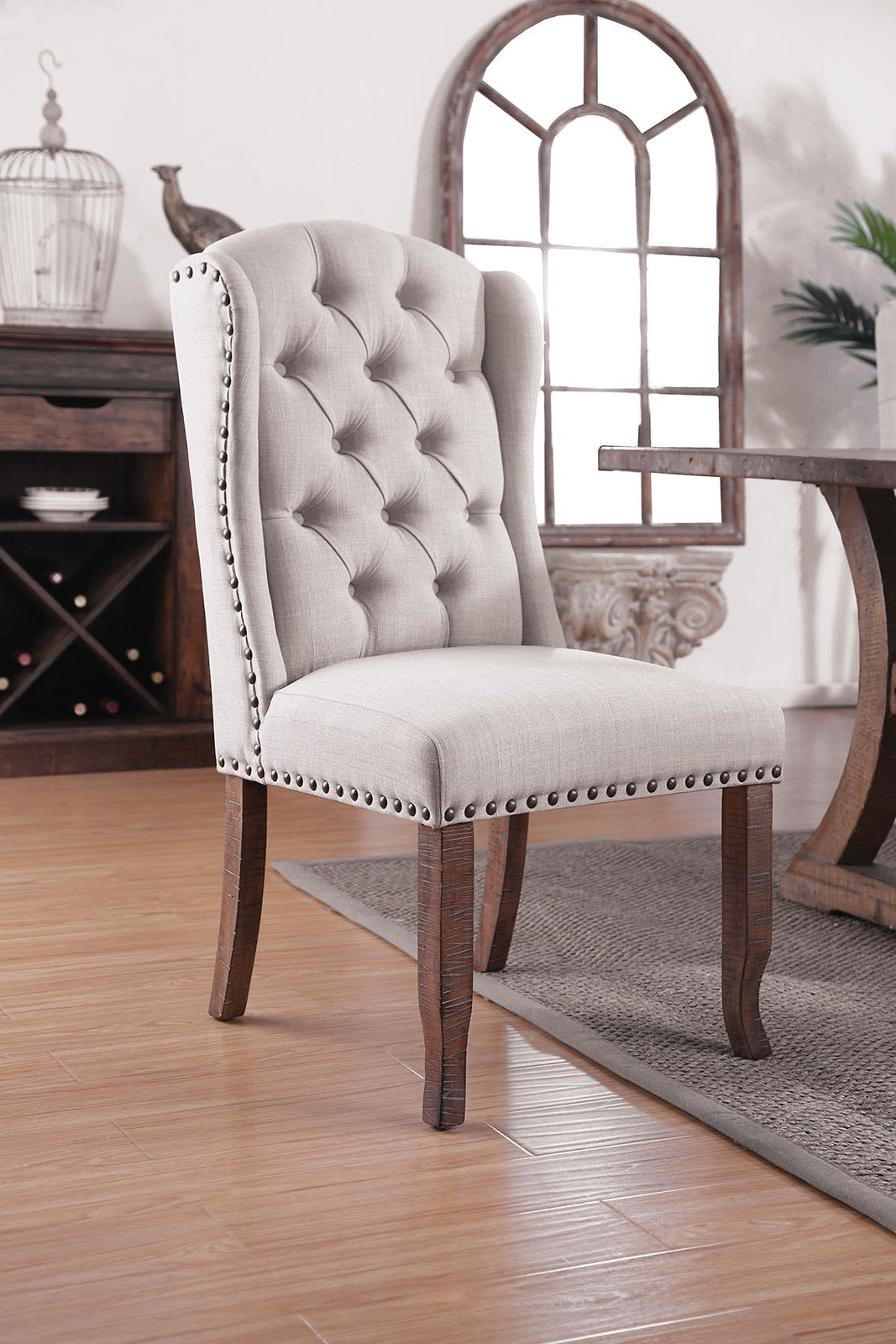 Contemporary Ivory Fabric 2Pcs Side Chairs Tufted Wingback Design Rustic Oak Solidwood Back Dining Chairs Furniture Ivory Multi Dining Room Contemporary,Luxury,Traditional,Vintage Side Chair Rubberwood Wing Back Set Of 2 Solid Wood