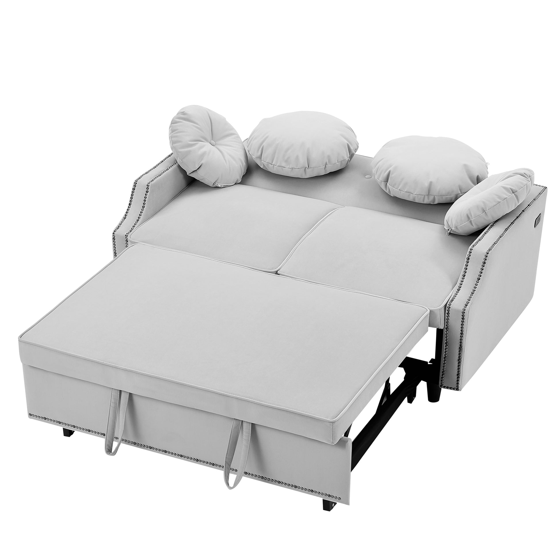 54.7" Multiple Adjustable Positions Sofa Bed Stylish Sofa Bed With A Button Tufted Backrest, Two Usb Ports And Four Floral Lumbar Pillows For Living Room, Bedroom,Or Small Space, Light Grey Light Grey Foam Polyester 2 Seat