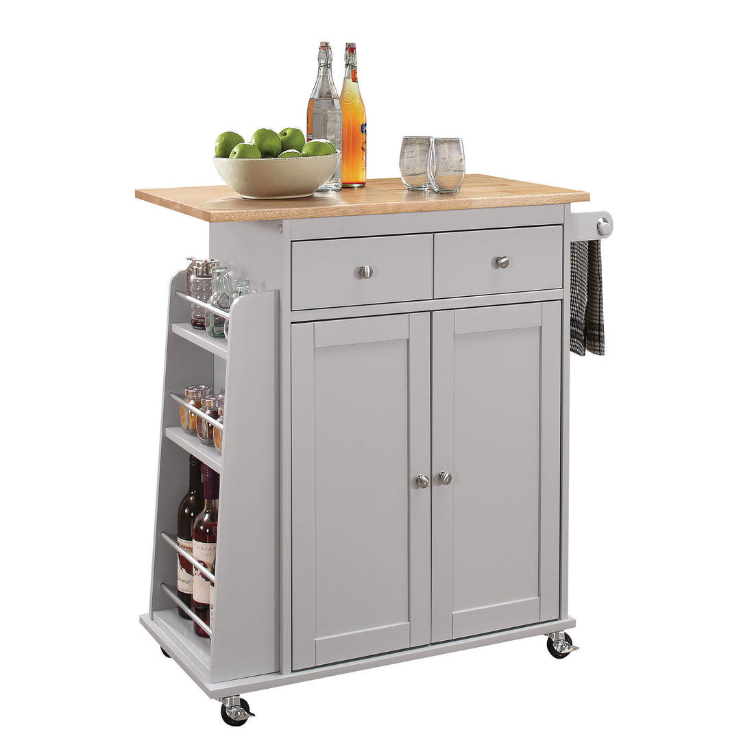 Natural And Grey 2 Drawer Kitchen Cart Natural Grey Dining Room Rectangular Kitchen Carts Rubberwood Wood Small Less Than 40In