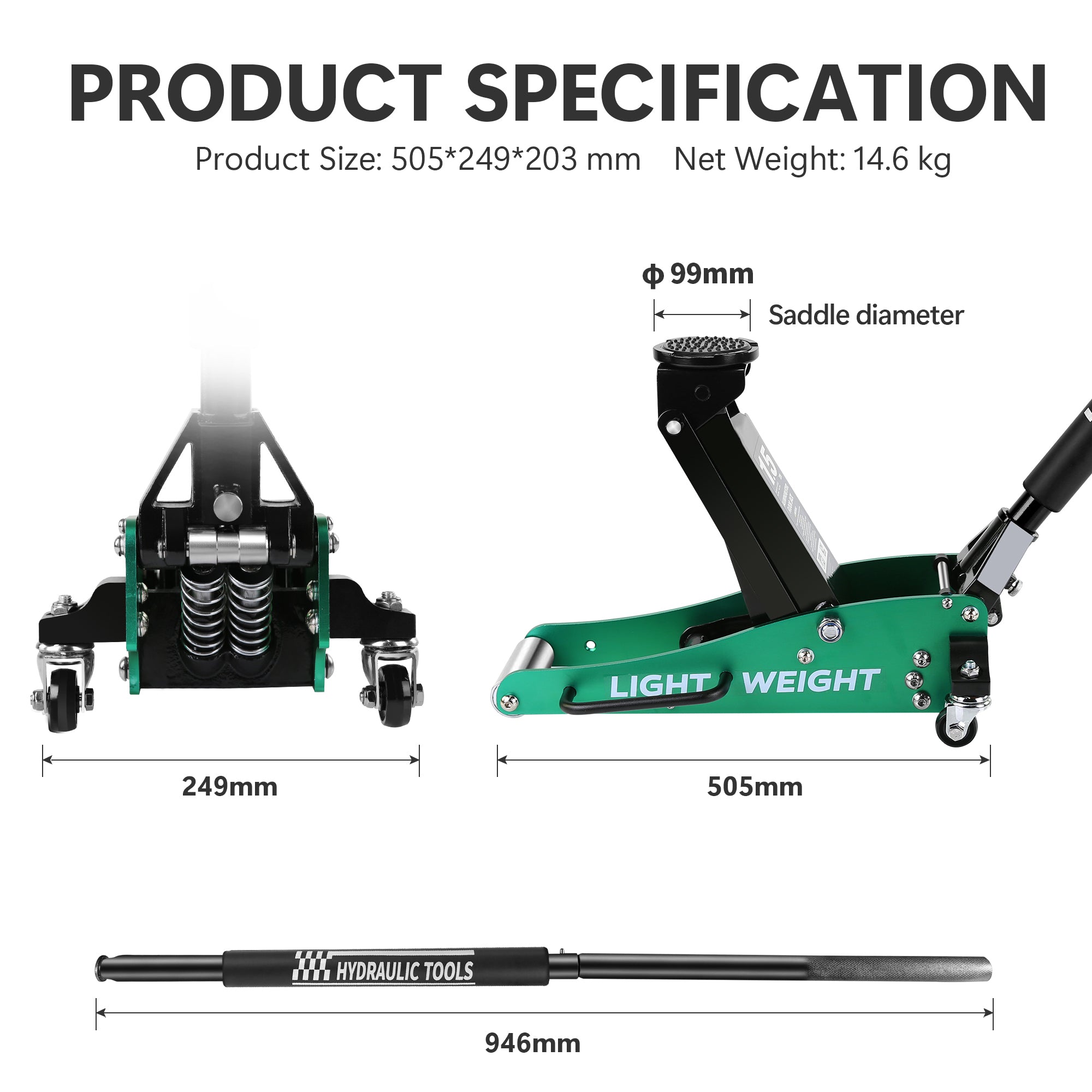 1.5 Ton Low Profile Hydraulic Floor Jack - Aluminum & Steel, Dual Pump, 3.3" Min Height, 14.1" Max