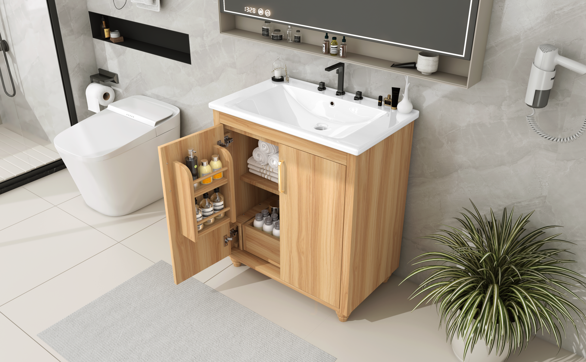 30" Bathroom Vanity With Sink Combo, Multi Functional Bathroom Cabinet With Doors And Drawer, Mdf Board, Natural Natural Solid Wood Mdf