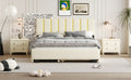 Queen Size Upholstered Platform Bed With 2 Drawers And 1 Trundle, Classic Metal Strip Headboard Design, Beige Queen Beige Mdf Lvl