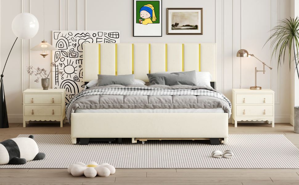Queen Size Upholstered Platform Bed With 2 Drawers And 1 Trundle, Classic Metal Strip Headboard Design, Beige Queen Beige Mdf Lvl