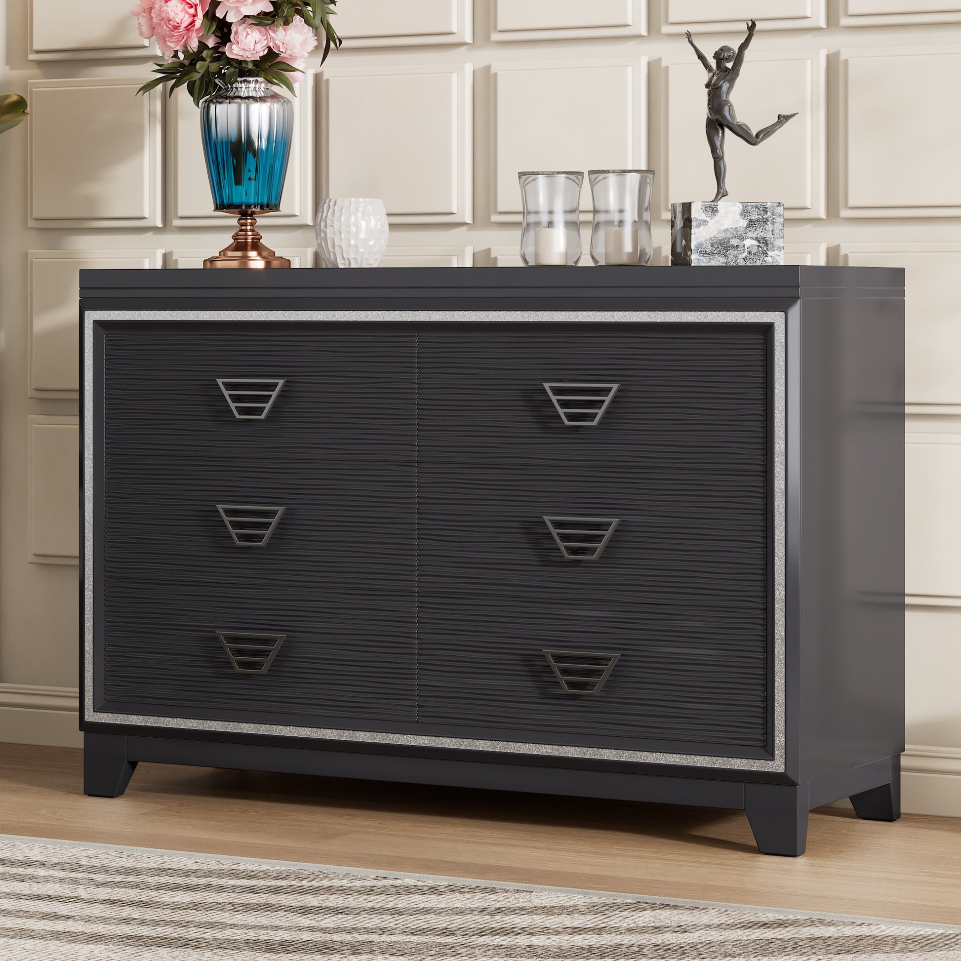 Elegant Dresser With Metal Handle And Sparkling Shiny Decoration, Storage Cabinet With 6 Drawers For Bedroom, Living Room, Black Black Mdf Elegant Dresser With Metal Handle And Sparkling Shiny Decoration, Storage Cabinet With 6 Drawers For Bedroom, Living Room, Black Black Mdf