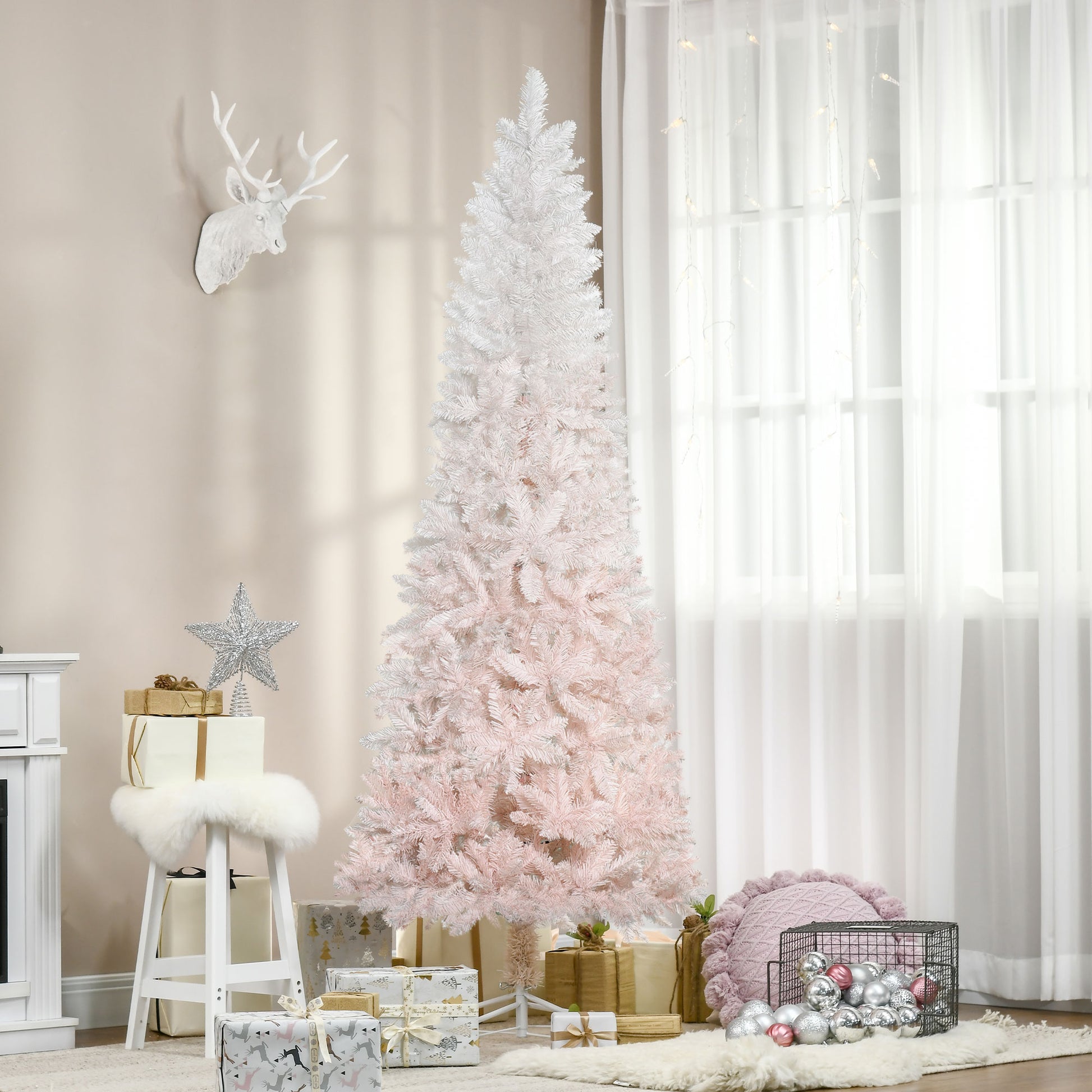 Homcom 6' Tall Unlit Pencil Fir Artificial Christmas Tree With Realistic Branches And Steel Base, Pink And White Pink Pvc