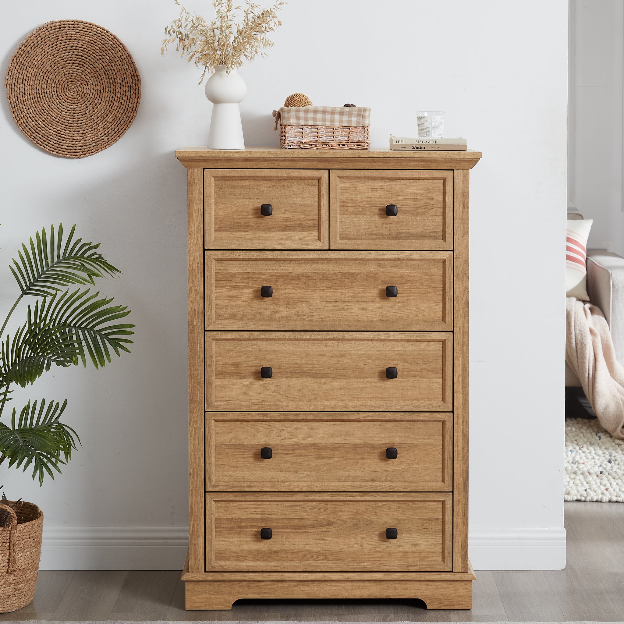 6 Drawer Dresser,6 Drawers Cabinet Tall Chest Of Drawers Closet Organizers Storage Clothes, Cabinet Of 6 Drawers Living Room, Oak, 31.50''L*15.75W''*47.64''H Oak Mdf