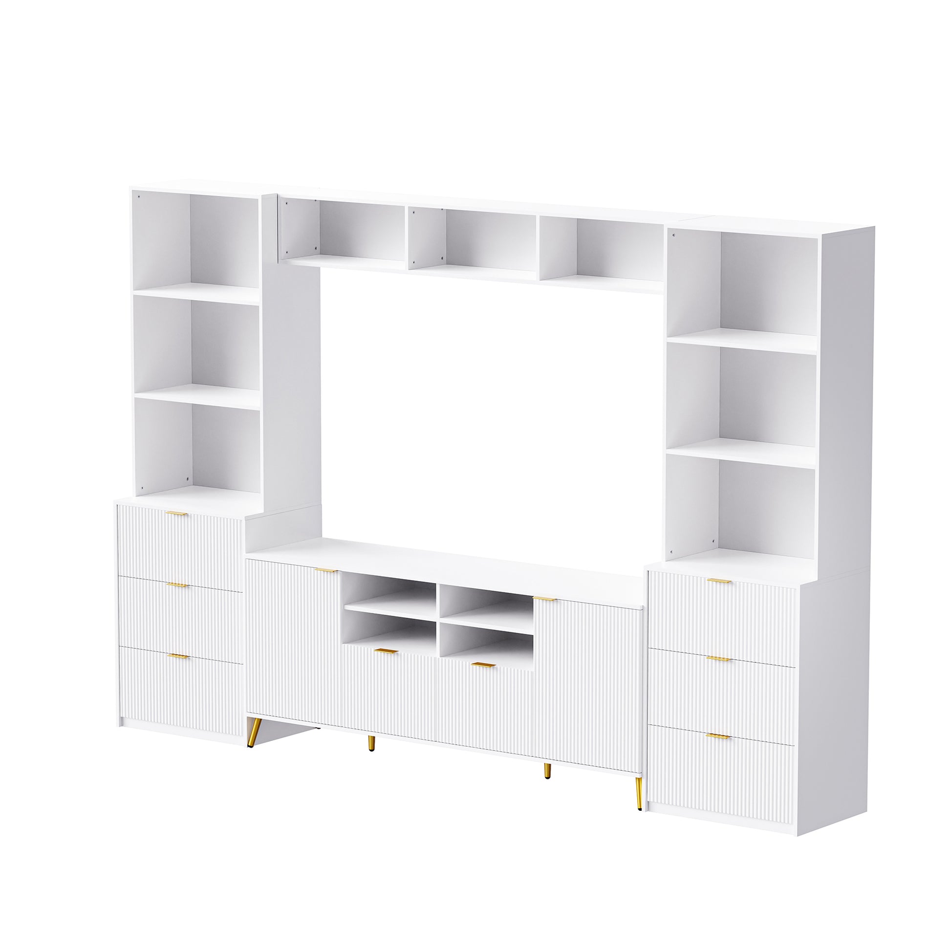 4 Piece Entertainment Wall Unit With 13 Shelves,8 Drawers And 2 Cabinets, Multifunctional Tv Stand Media Storage Cabinet With Fluted Line Surface For Living Room, For Tvs Up To 70" White 60 69 Inches Mdf