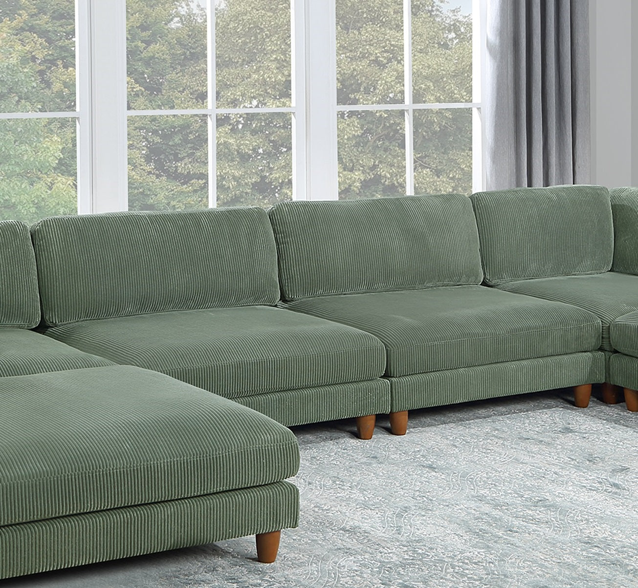 Contemporary Sage Color 6Pc Modular Sectional Set Corduroy Upholstery Couch 2X Corner Wedge, 2X Armless Chairs 2X Ottomans Living Room Sage Primary Living Space Cushion Back Contemporary,Modern Modular Rubberwood Corduroy 6 Seat