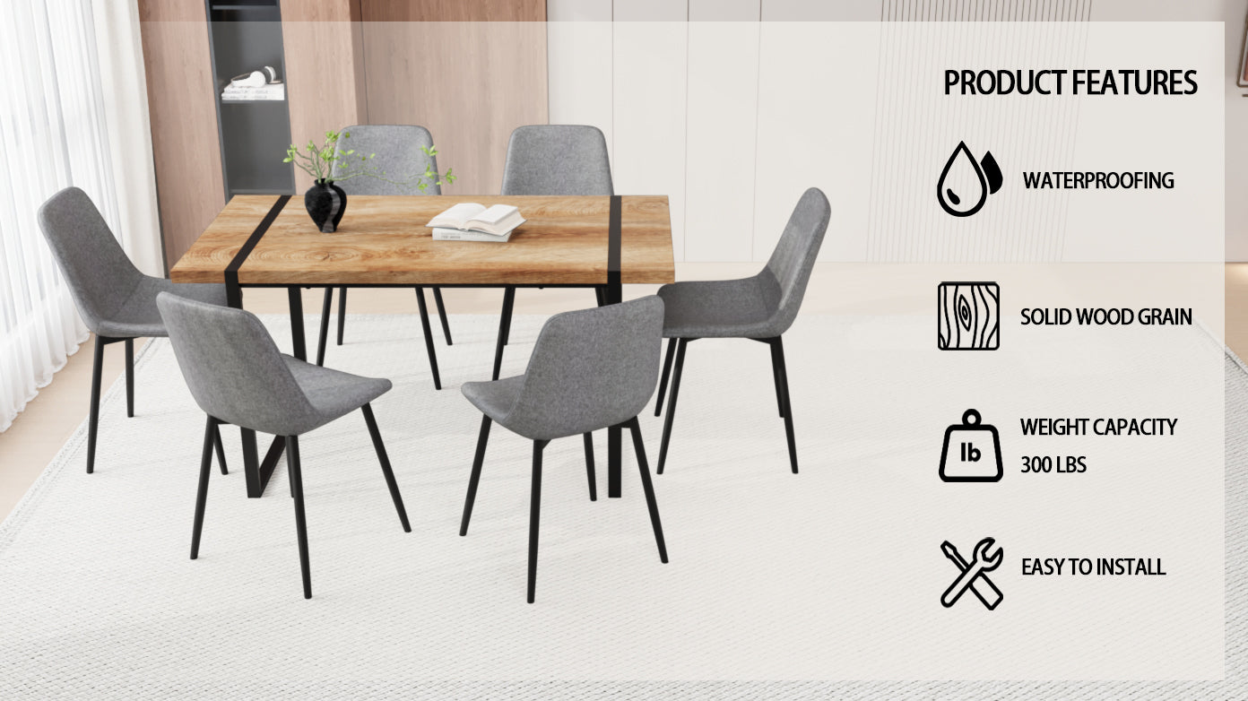 59" Mdf Natural Wood Dining Table And Modern Dining Chair 8 Piece Set, Medieval Kitchen Dining Table Set, Rectangular Metal Base, Dining Table And Suede Chair Grey Buy 6 Chairs And Get 2 Free Brown