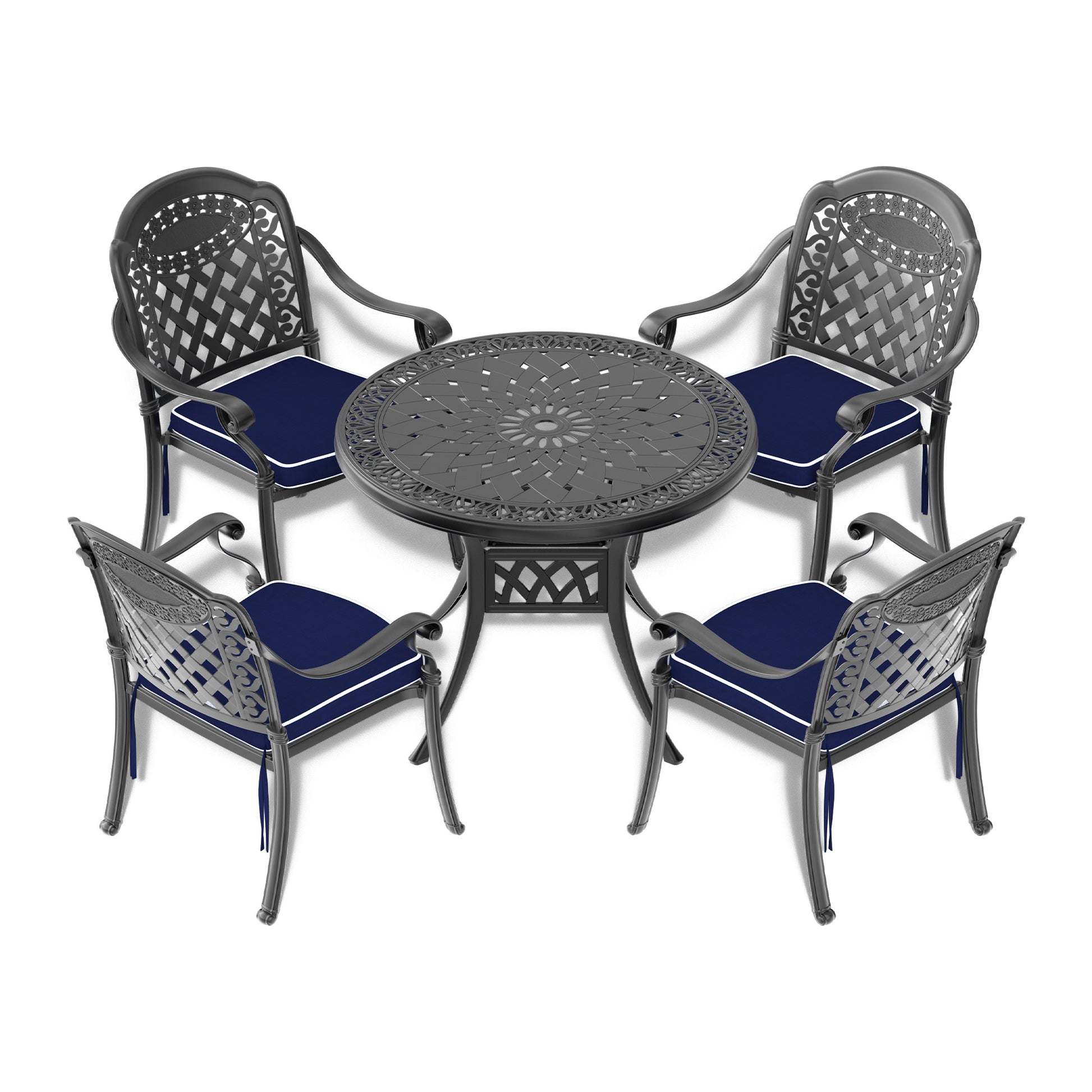 Cushions In Random Colors 5 Piece Set Of Cast Aluminum Patio Furniture With Cushions Yes Dining Set Black Seats 4 Rust Resistant Frame Water Resistant Cushion Garden & Outdoor Complete Patio Sets Aluminium