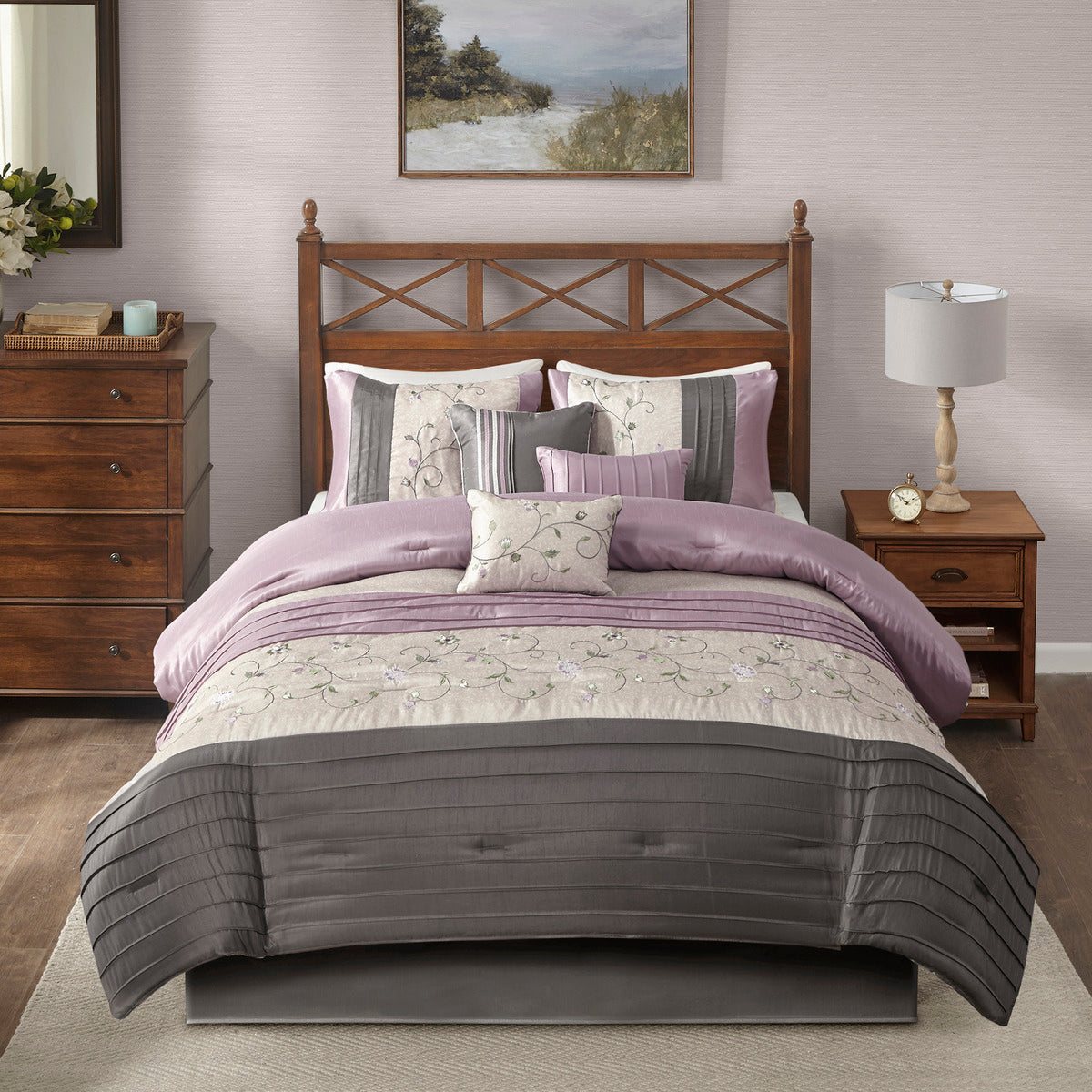 Embroidered 7 Piece Comforter Set Purple Queen Queen Purple Polyester