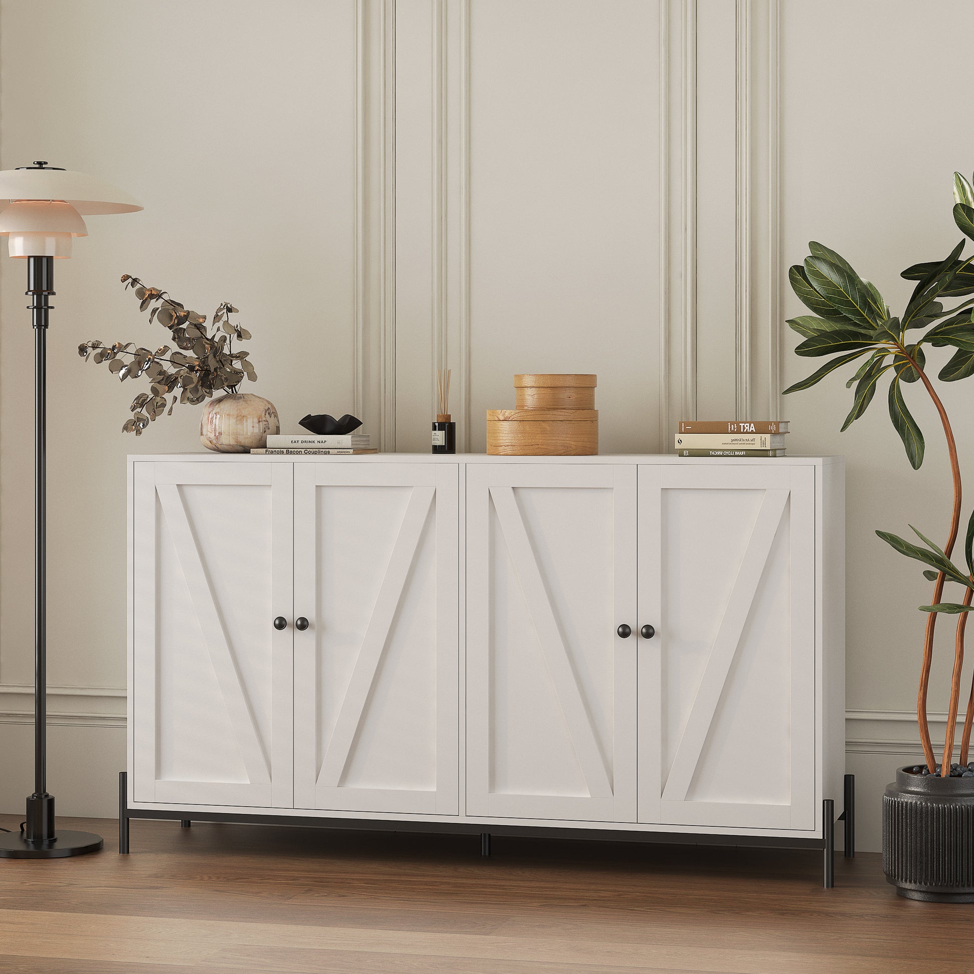 Storage Cabinet Buffet Cabinet With 2 Cabinet, 4 Doors, Metal Leg, Sideboard Wooden Cabinet, Entryway Floor Cabinet For Living Room, Study, And Entryway White White Mdf