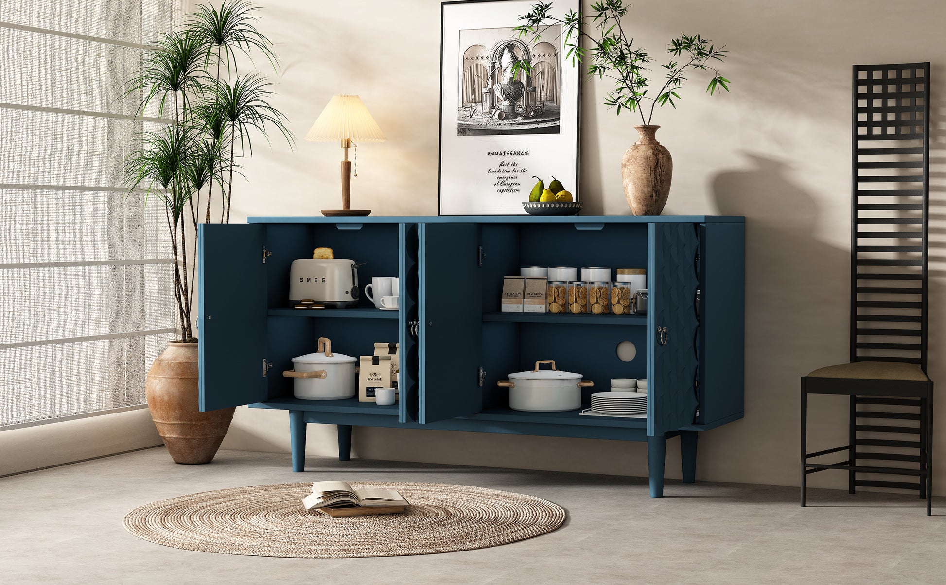 Modern 4 Door Sideboard With Convex Pattern Doors And 2 Silver Handle For Living Room, Dining Room, Kitchen Navy Navy Mdf