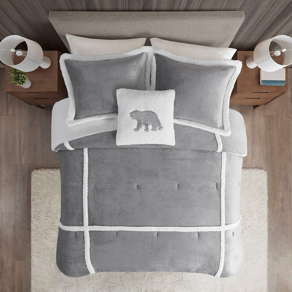 Plush To Sherpa Comforter Set Twin Grey Polyester