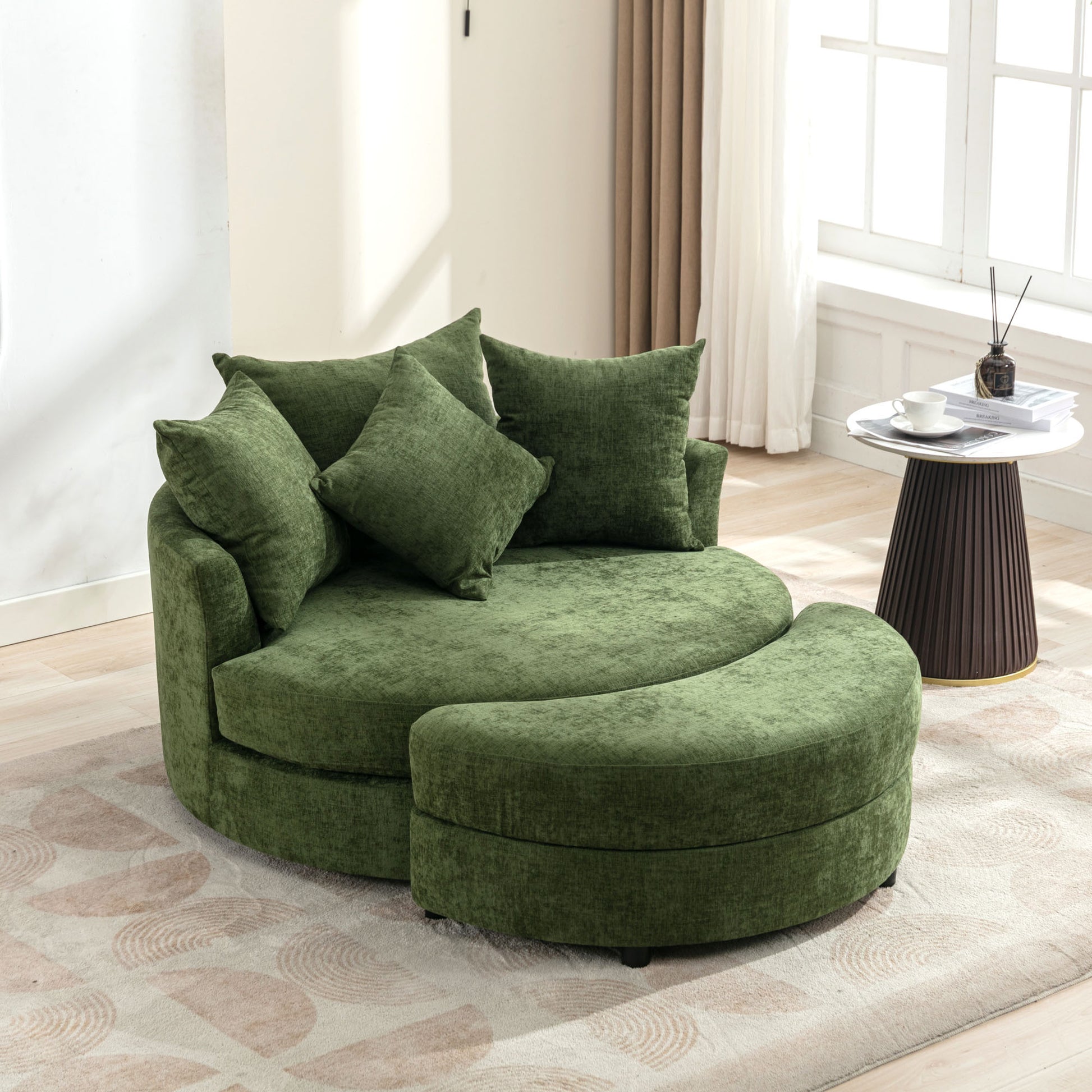 Orisfur. 360 Swivel Accent Barrel Chair With Storage Ottoman & 4 Pillows, Modern Chenille Leisure Chair Round Accent For Living Room, Green Green Foam Chenille