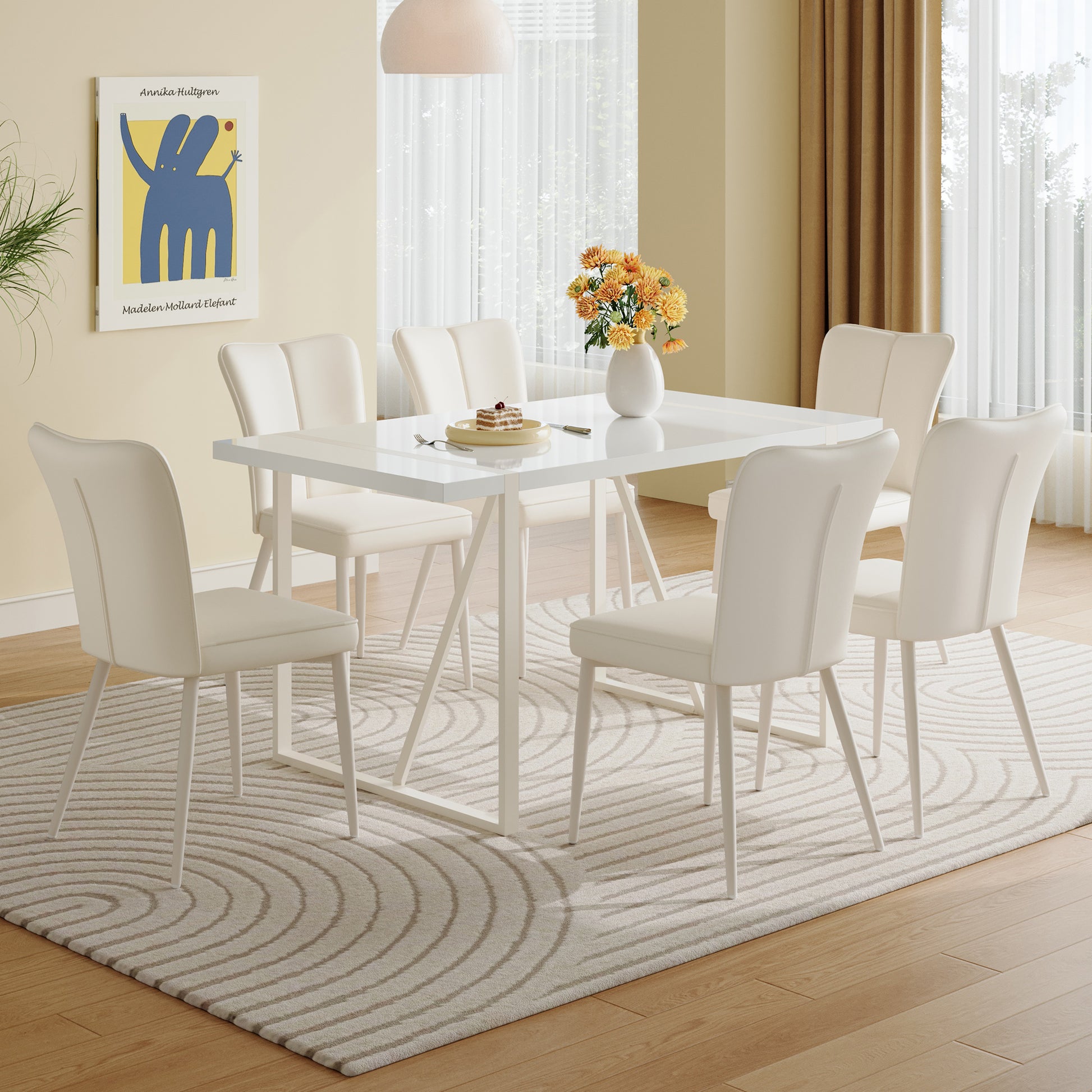 55"X31.5"Cream Style White Mdf Dining Table Set With 6 Armless Chairs.Mdf Tabletop And Metal Legs.The Backrest Of The Dining Chair Has A Vertical Line Design.Adding A Warm Atmosphere To Your Family.