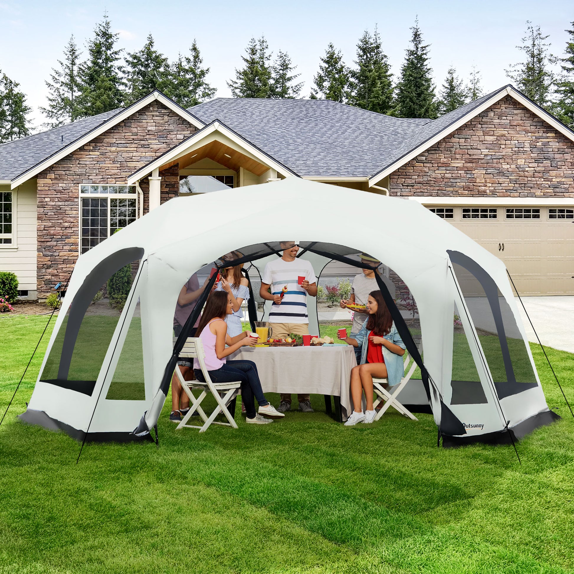Outsunny 20 Person Camping Tent, Outdoor Cabin Tent Tent With 2 Doors, Screen Room, Family Dome Tent For Hiking, Backpacking, Traveling, Easy Set Up, Cream Cream White Steel