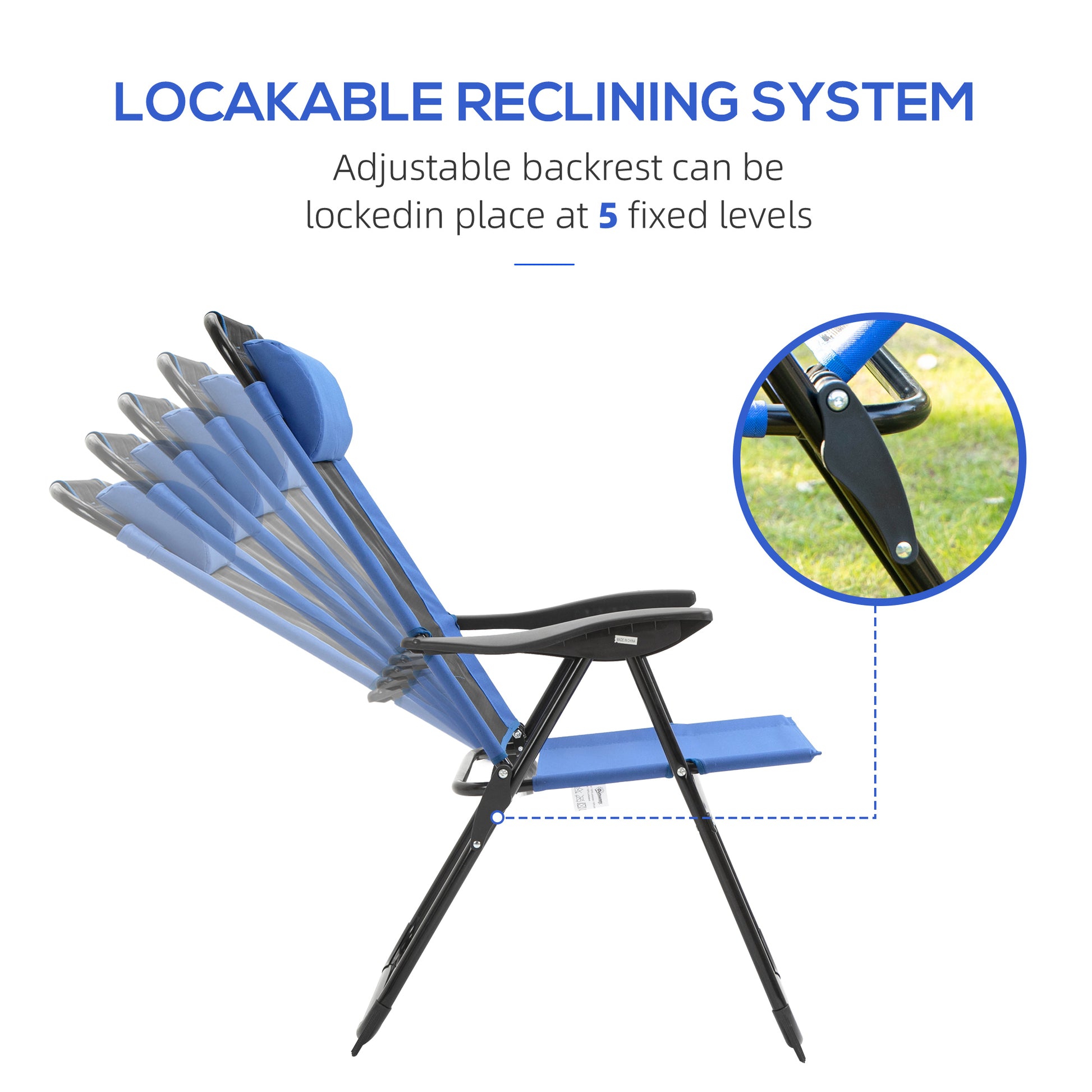 Outsunny Folding Patio Chairs Set Of 2, Outdoor Deck Chair With Adjustable Sling Back, Camping Chair With Removable Headrest For Garden, Backyard, Lawn, Blue Blue Steel