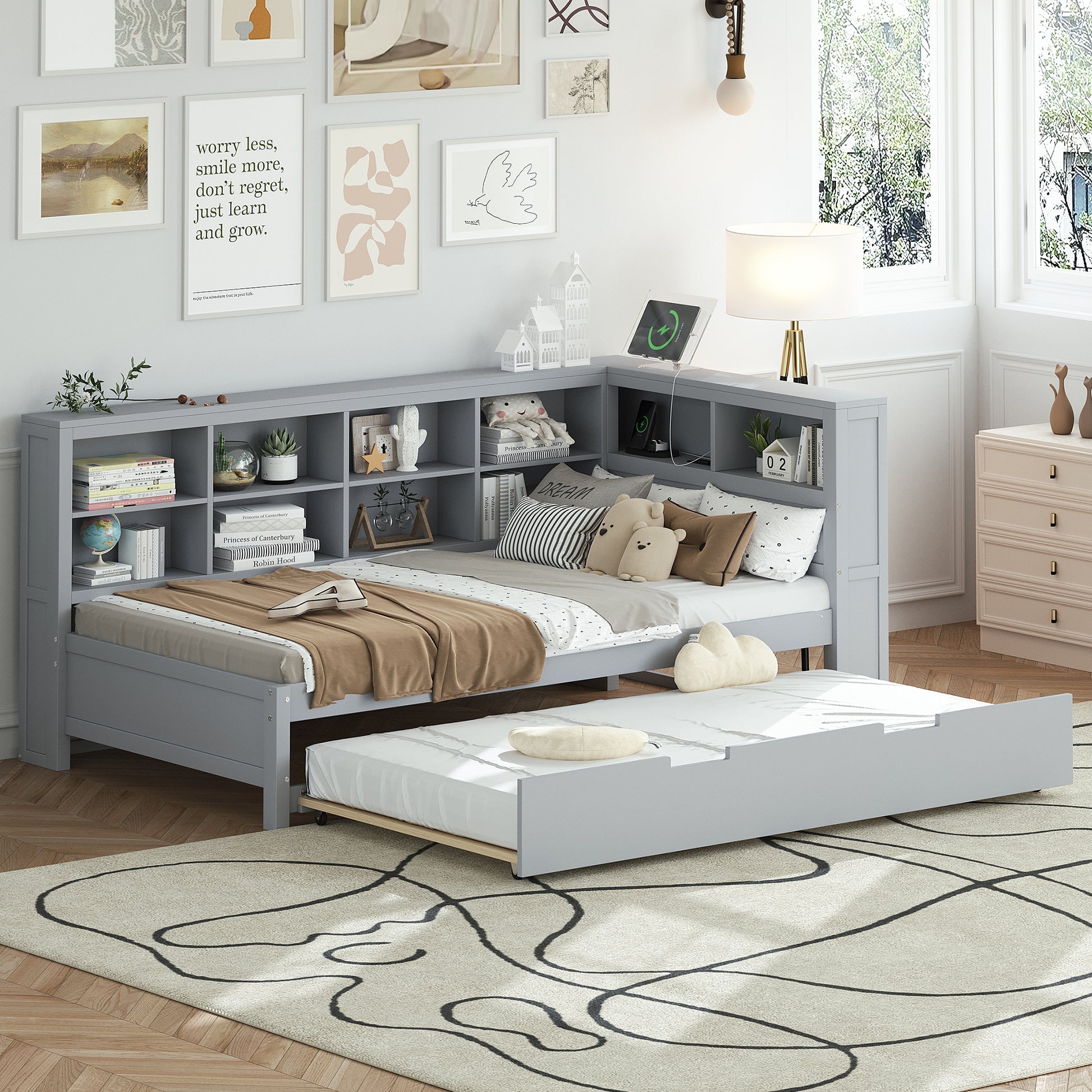 Wooden Twin Size Daybed With Twin Size Trundle, Daybed With Storage Shelf And Usb Charging Ports,Grey Twin Grey Wood