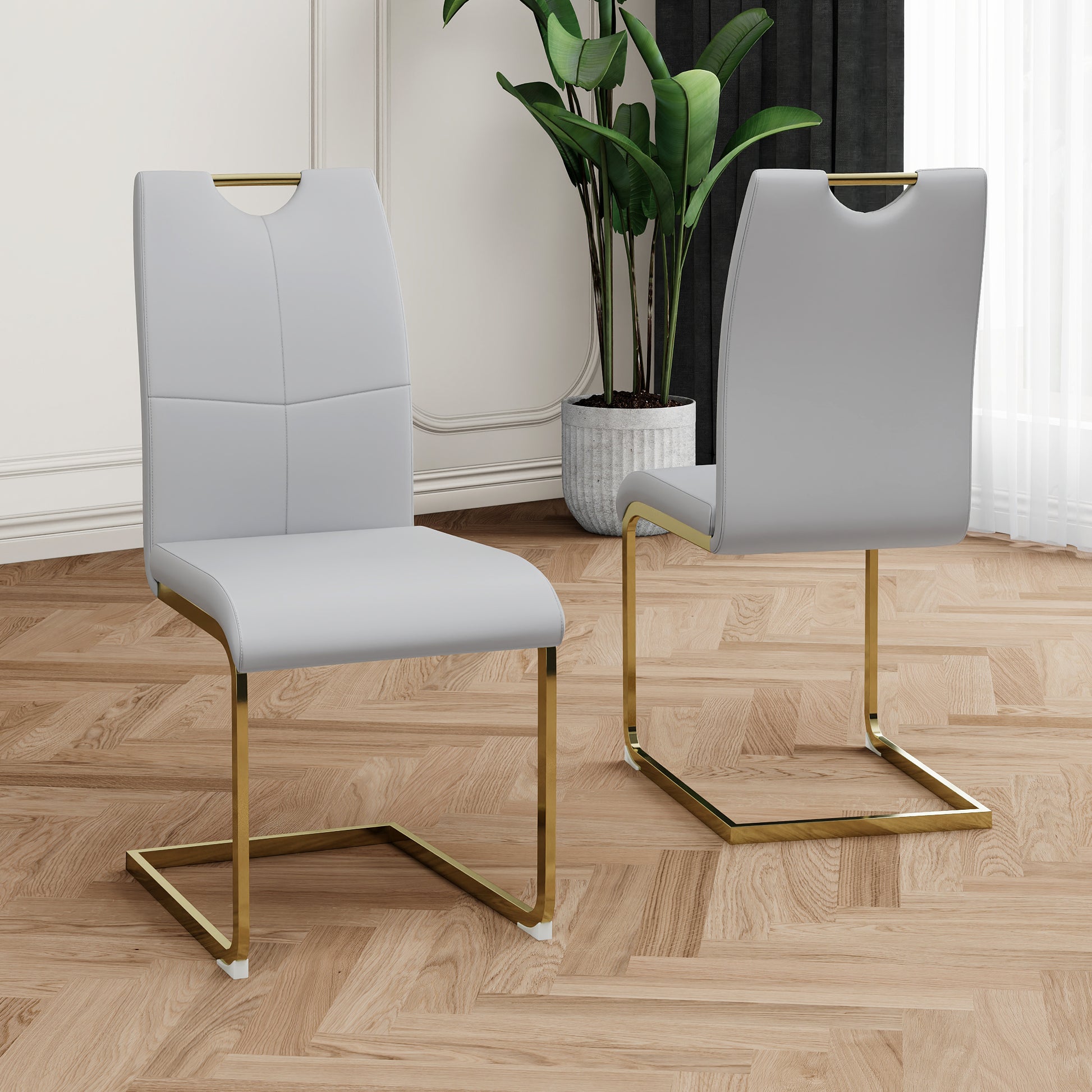 Modern Dining Chairs With Faux Leather Padded Seat Dining Living Room Chairs Upholstered Chair With Gold Metal Legs Design For Kitchen, Living, Bedroom, Dining Room Side Chairs Set Of 2 Grey Gold Metal