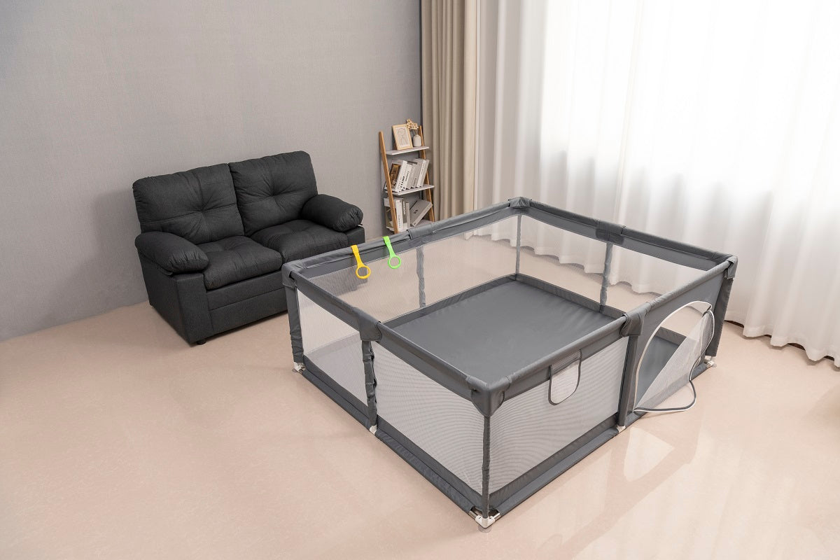 Fabric Baby Playpen, Baby Fence Play Area With Anti Slip Base Gray Fabric Metal