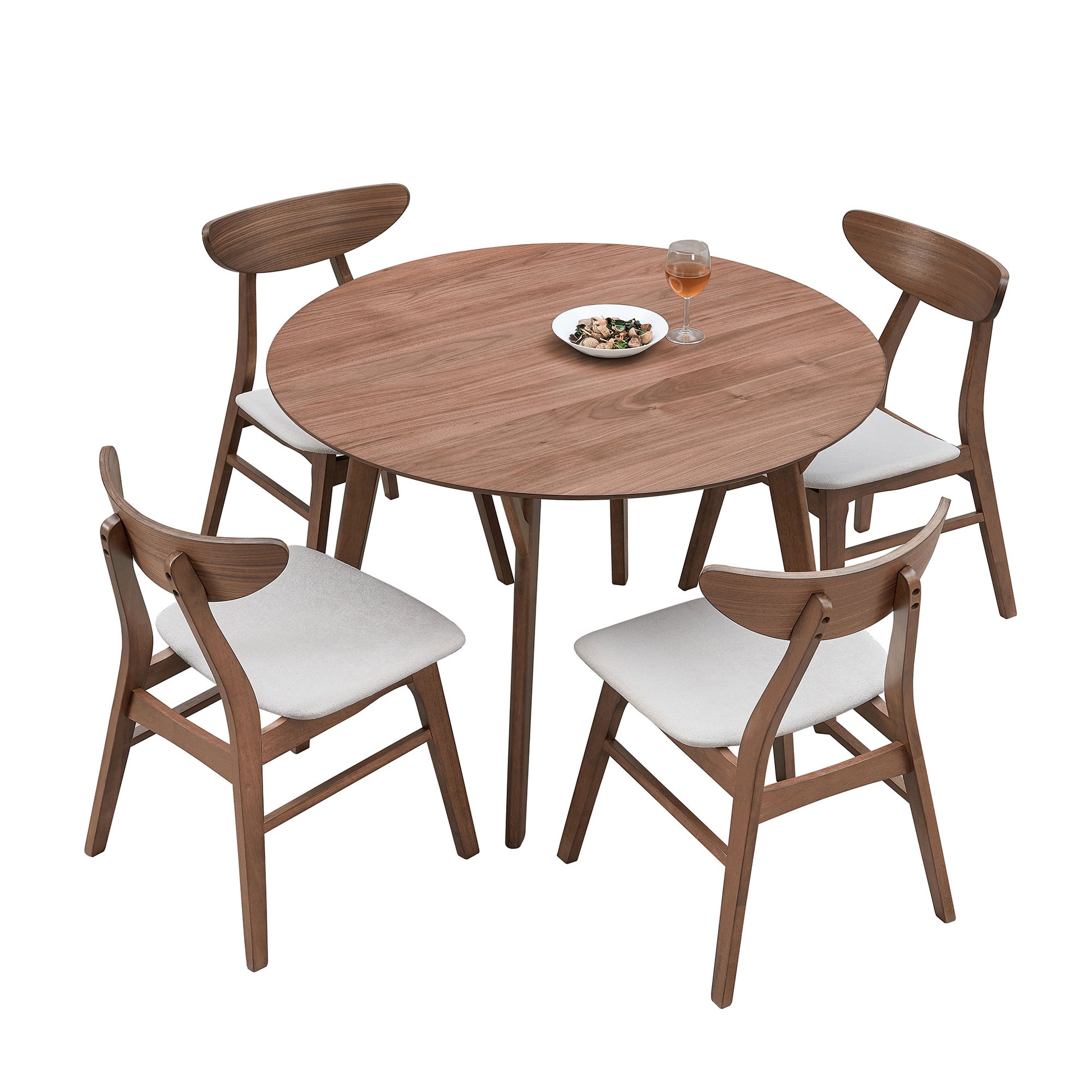 Wooden Dining Table Set, Modern Simple Design Round Kitchen Table And Fabric Upholstered Dining Chairs For Dining Room, Kitchen, Saving Space 1 Table With 4 Chairs ,Walnut Walnut Solid Wood