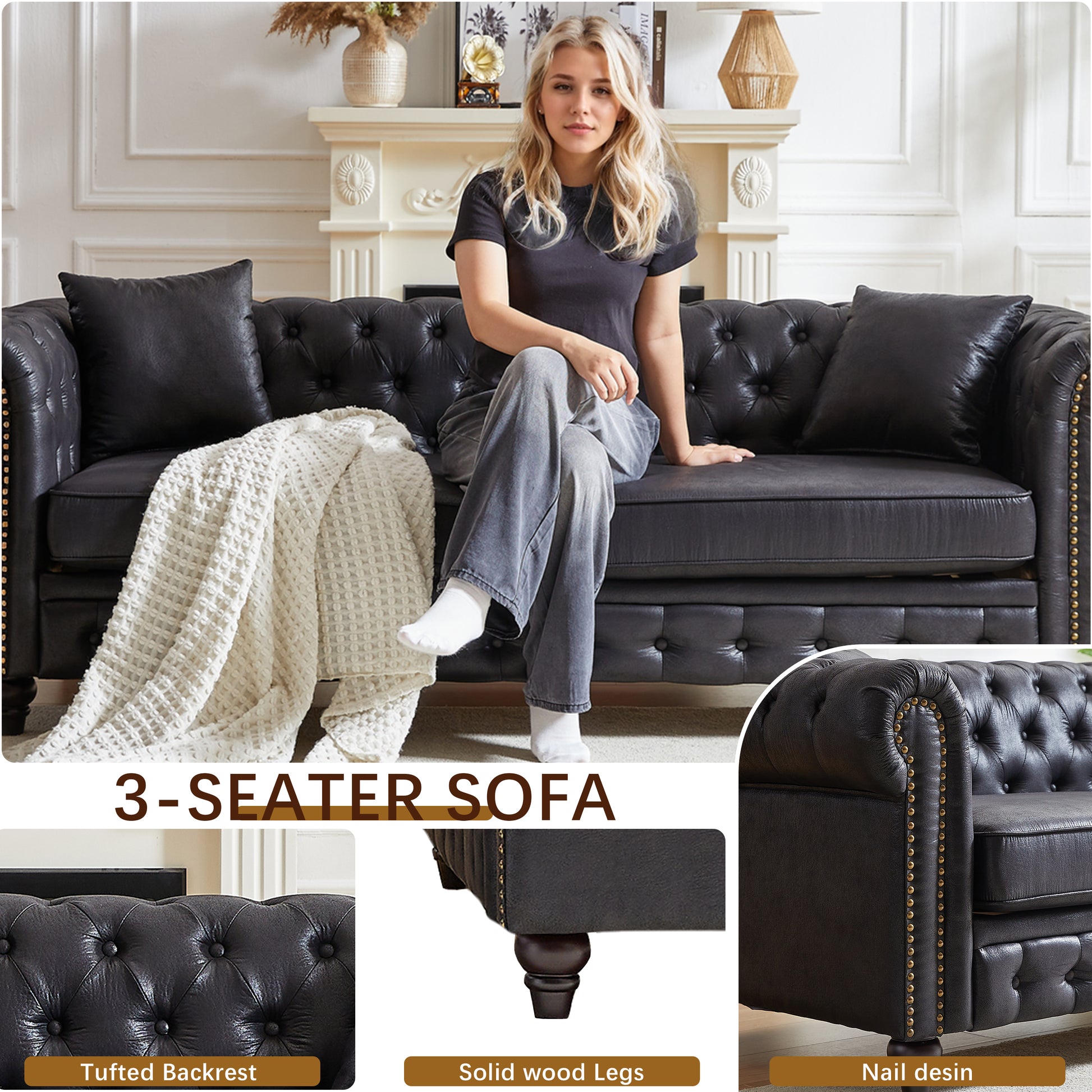 Fx 85.5"Living Room With Tech Fabric Chesterfield Sofa With Rolled Arms 3 Seater Sofa With Button Design And 2 Cushions For Apartment, Office, Living Room Black Wood Primary Living Space Pine Foam Fabric 3 Seat