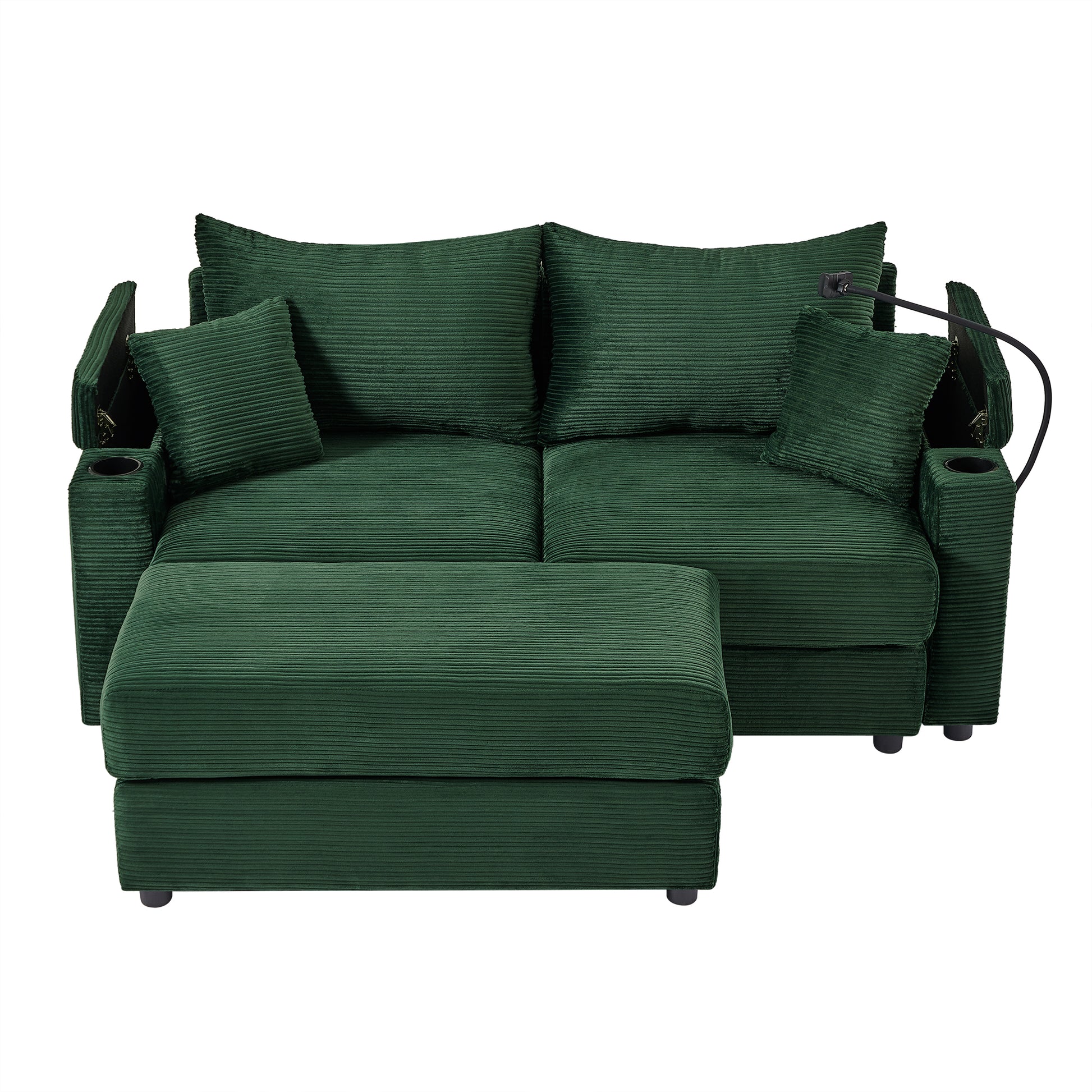 72.8" Modern Style Loveseat Sofa Sectional Sofa Couch With Storage Space, A Movable Ottoman, Two Usb Ports, Two Cup Holders, A Phone Holder For Living Room, Green Green Foam Corduroy 3 Seat