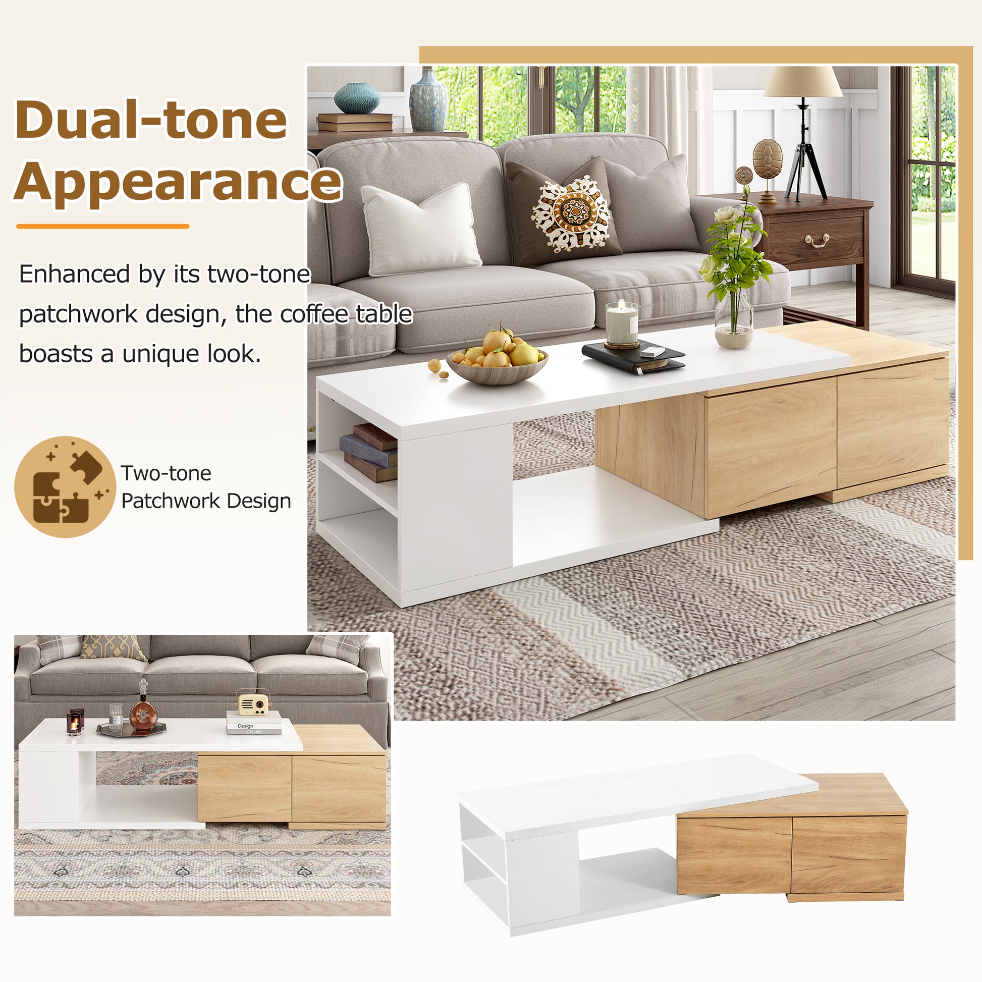 47.2'' 57''W Extendable Coffee Table With 2 Storage Drawers, Dual Tone Wood Center Table With Extendable Sliding Tabletop, Multi Functional Hidden Storage Sofa Table For Living Room, White White Primary Living Space Drawers Rectangular Particle Board Mdf