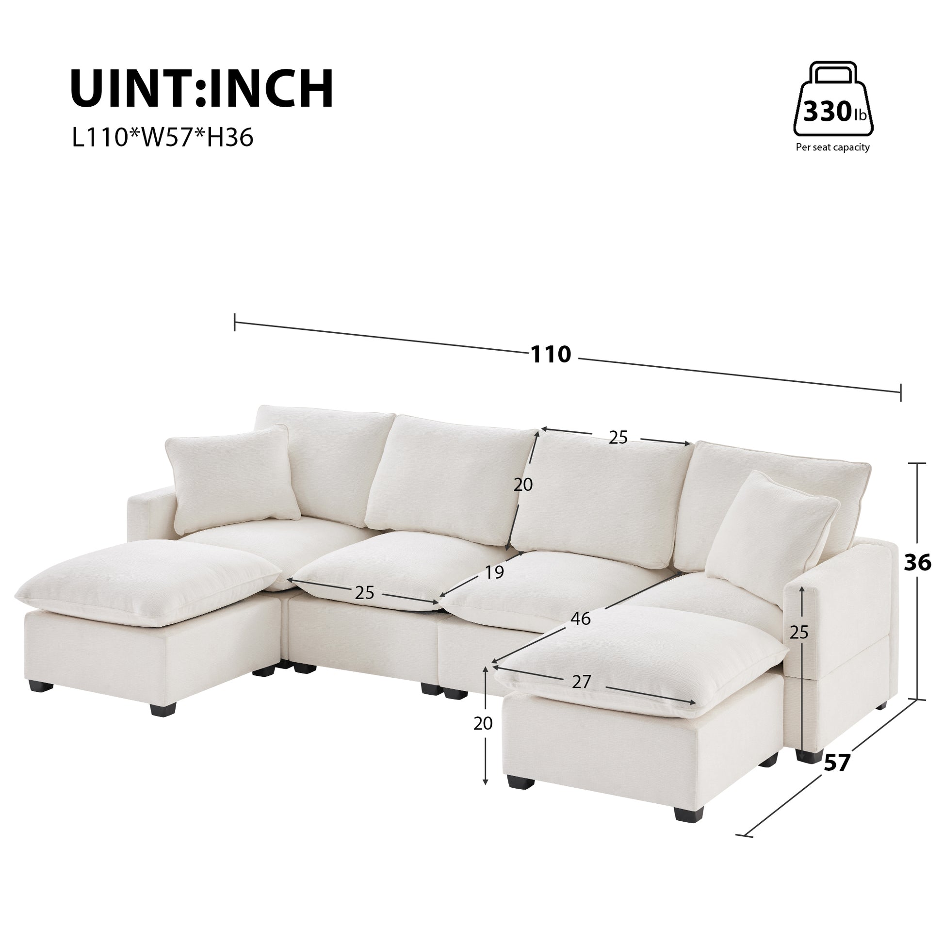 110*57" Modern U Shape Modular Sofa, 6 Seat Chenille Sectional Couch Set With 2 Pillows Included, Freely Combinable Indoor Funiture For Living Room, Apartment, Office, 2 Colors White Chenille 6 Seat