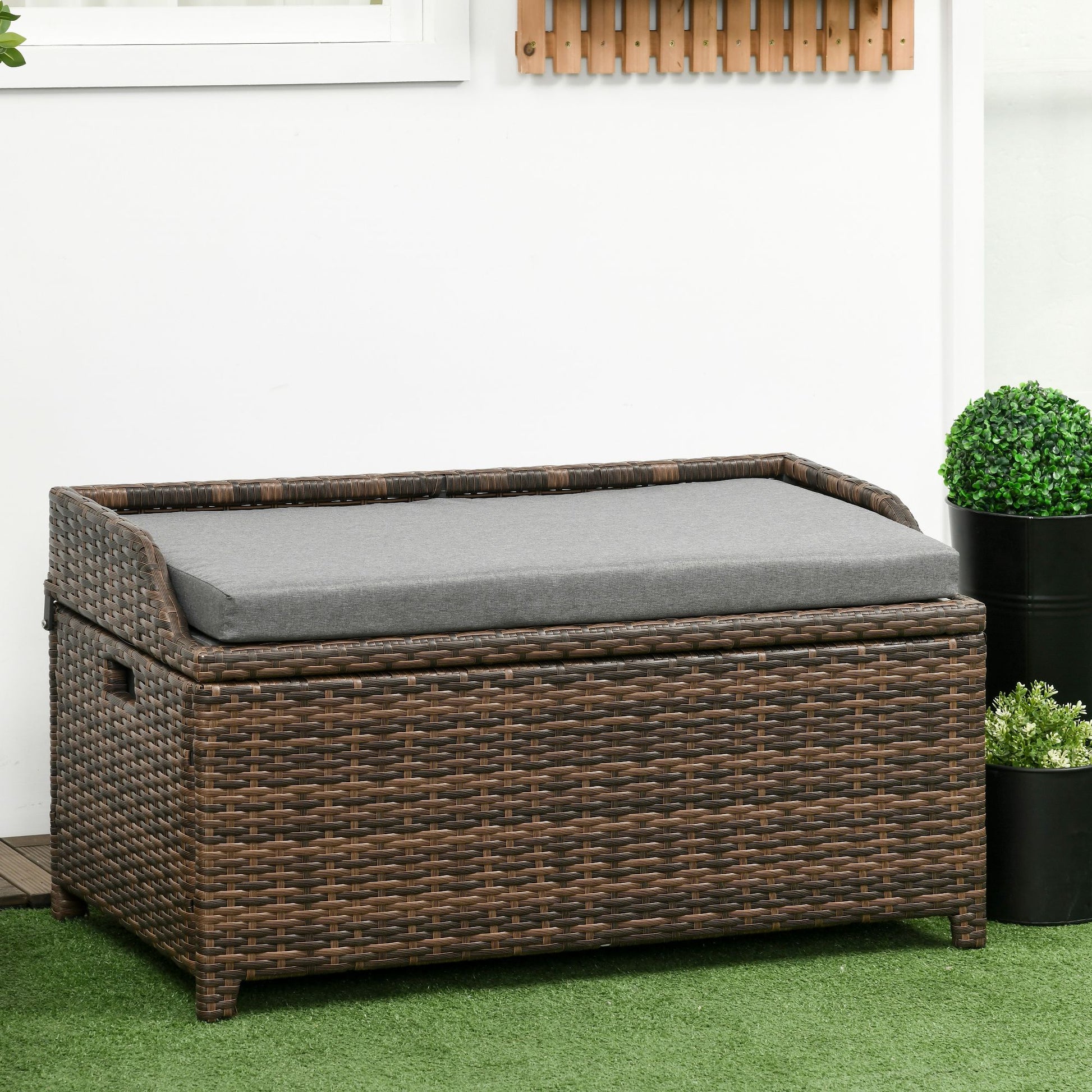 Outsunny Outdoor Wicker Storage Bench Deck Box, Pe Rattan Patio Furniture Pool Container Storage Bin With Interior Waterproof Bag And Comfortable Cushion, Gray Grey Aluminum