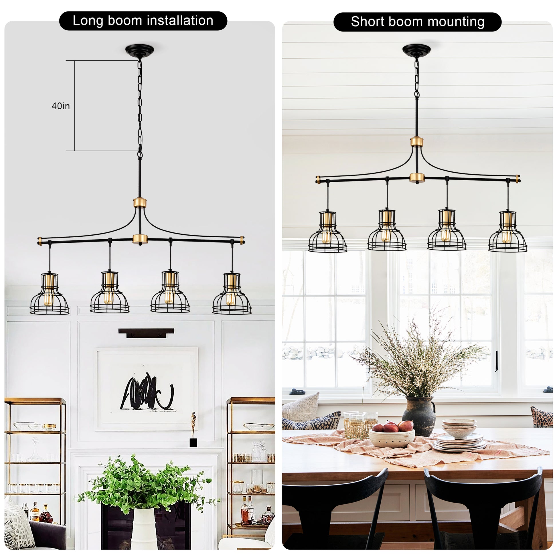 Dining Room Light Fixture Chandelier Over Table, 40 Inch Hanging For Farmhouse Linear Chandeliers,4 Light Kitchen Island Lighting,Matte Black And Matte Gold Ceiling Chandelier,With Metal Lampshade