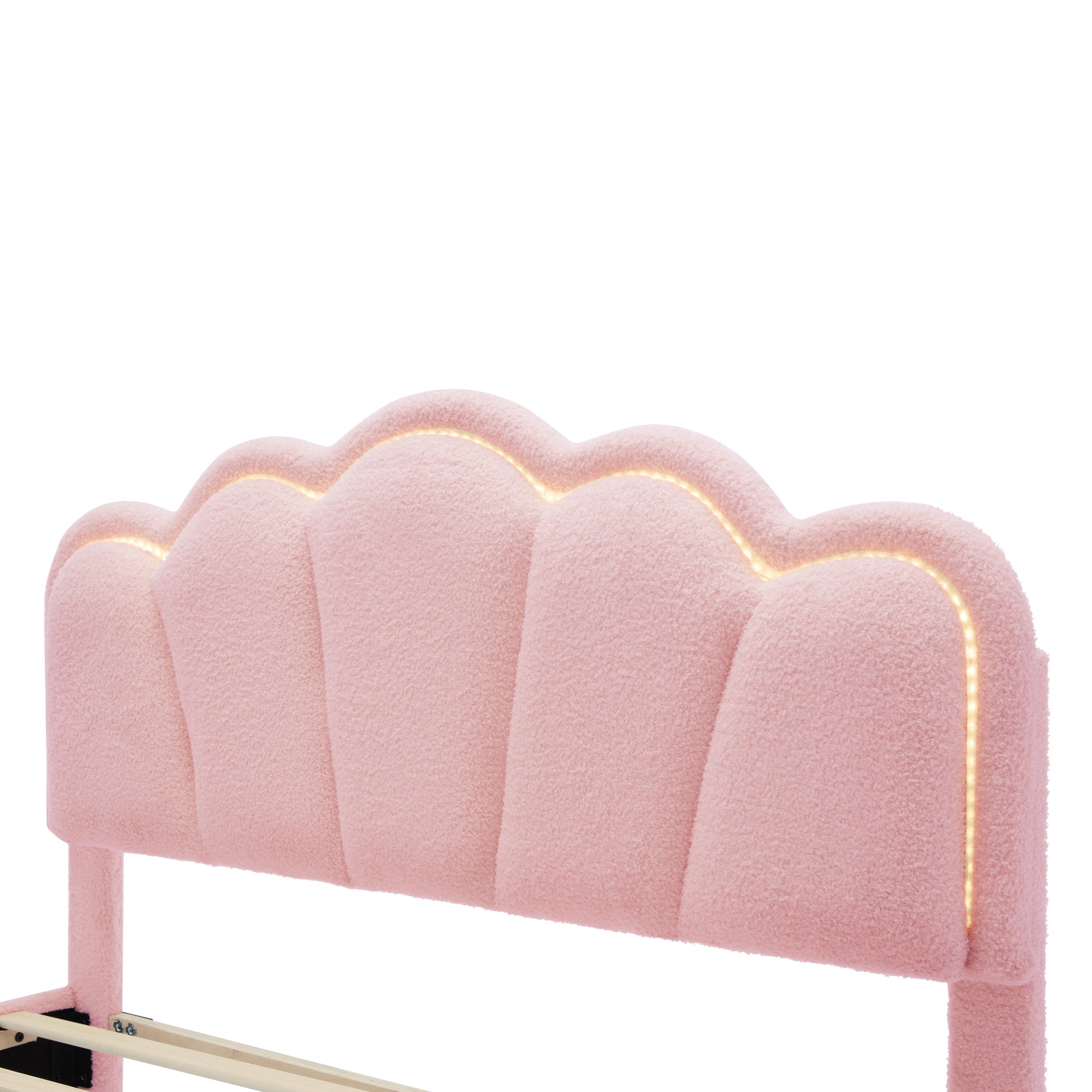 Full Size Upholstered Flower Shape Bed, Elegant Flowers Headboard With Led Light Strip ,Sherpa Fabric Platform Bed With Wooden Slats Support, Pink Full Pink Wood