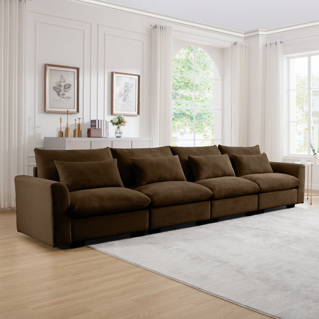 4 Seater Deep Seat Couches For Living Room, Comfy Brown Corduroy Sofas For Living Room Modern With 4 Waist Pillows Brown Corduroy 4 Seat