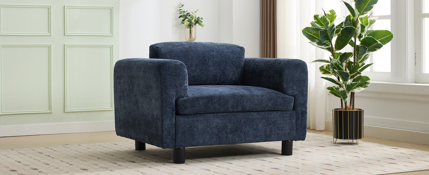 Modern Oversized Armchair Comfy Accent Chair Single Sofa For Living Room Bedroom Office Apartment, Woven Velvet Fabric, Blue Blue Wood