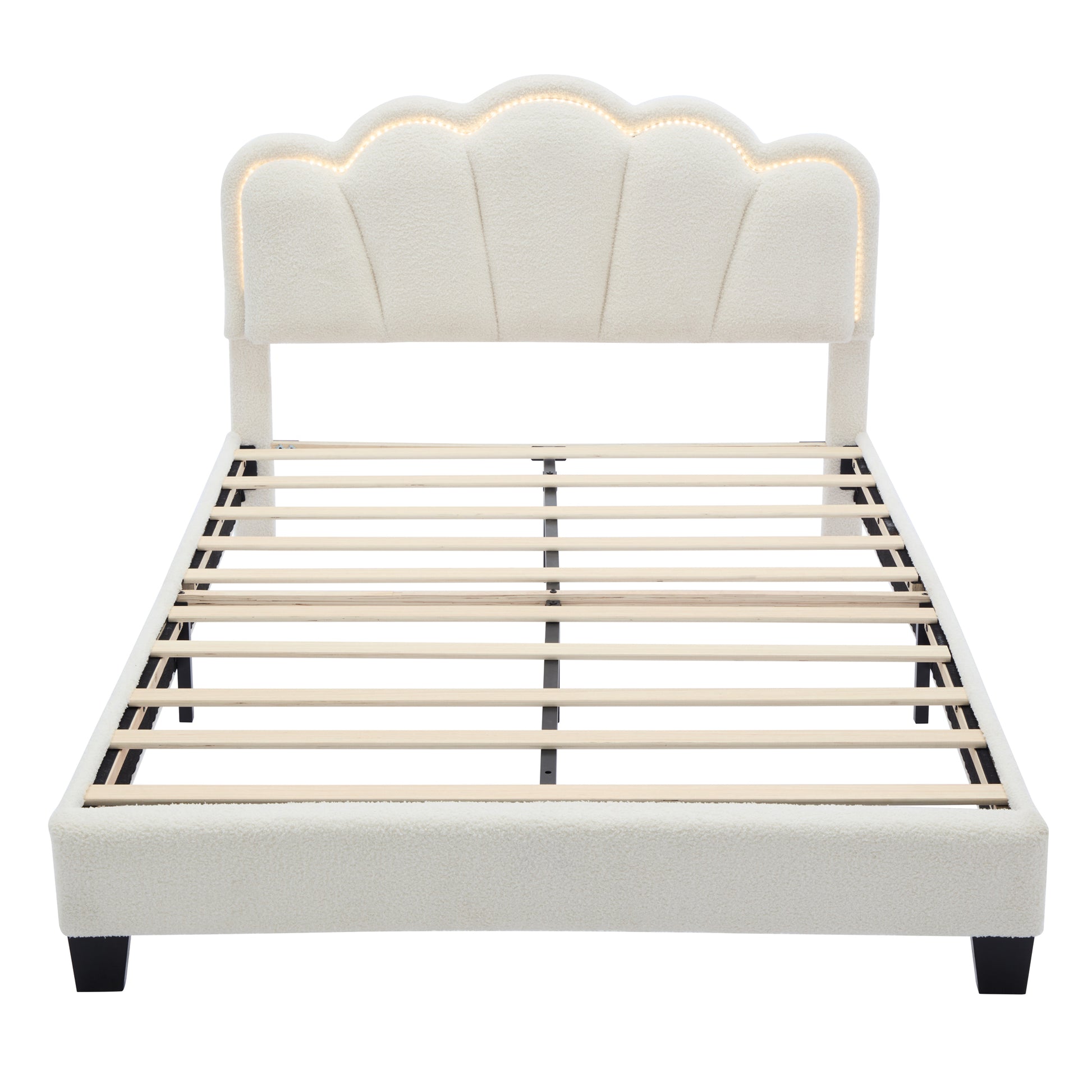 Full Size Upholstered Flower Shape Bed, Elegant Flowers Headboard With Led Light Strip, Sherpa Fabric Platform Bed With Wooden Slats Support, White Full White Wood